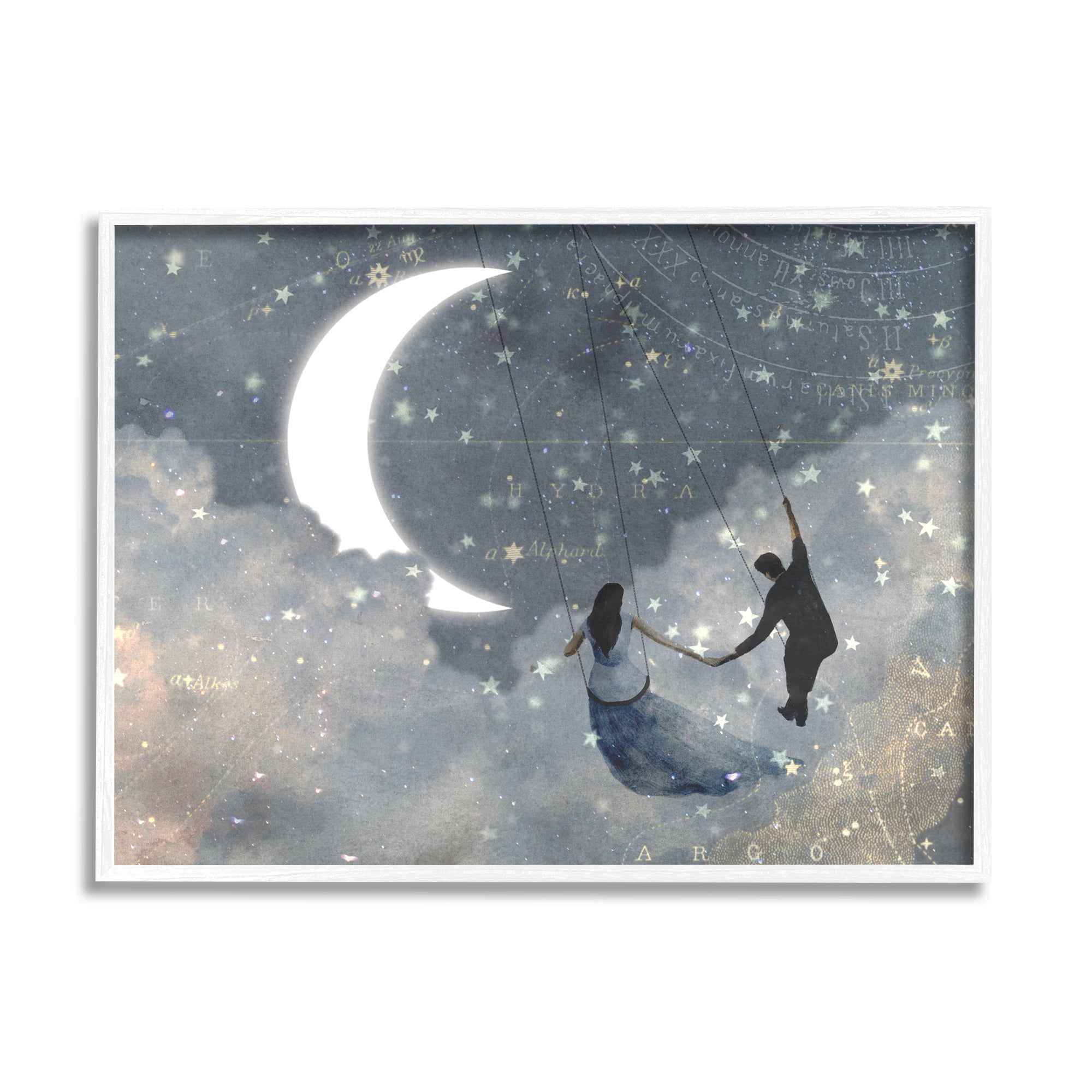 Stupell Industries Grey and Blue Celestial Love Sky Swinging by the Crescent Moon and Stars, 24 x 30,Design by Victoria Borges