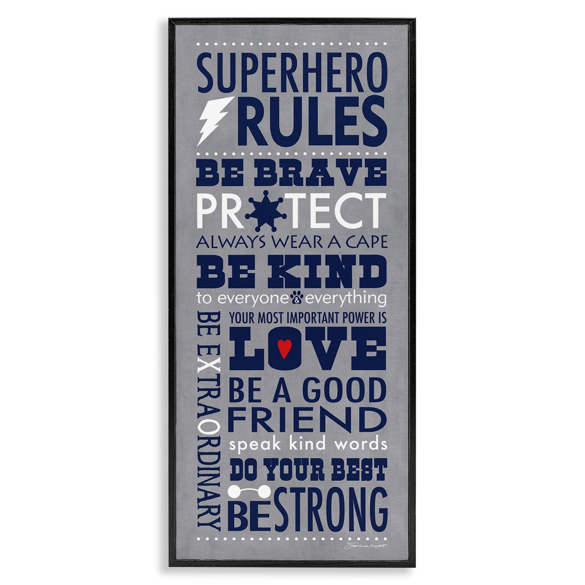 Stupell Industries Grey and Navy Superhero Rules Typography, 10 x 24,Design by Stephanie Workman Marrott