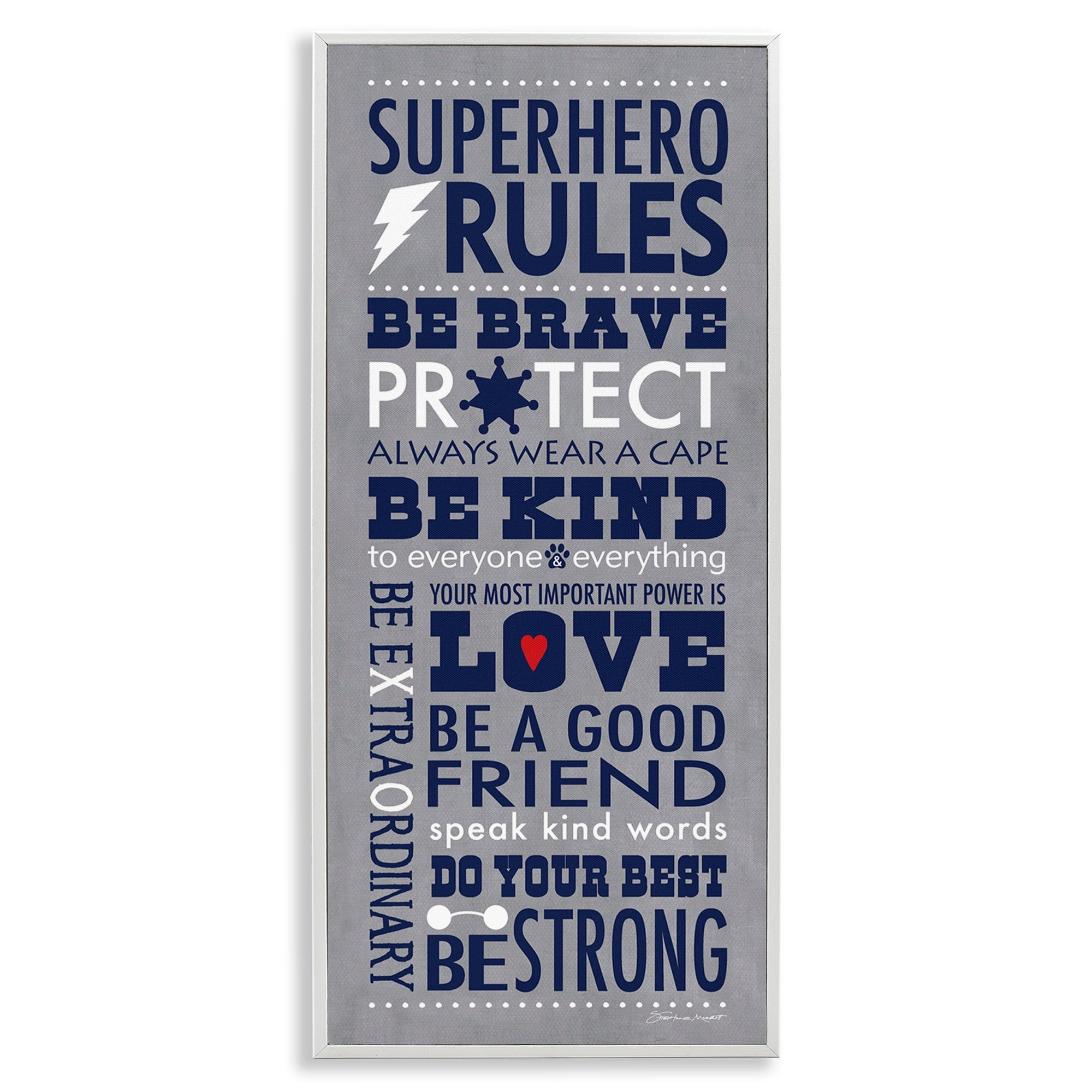 Stupell Industries Grey and Navy Superhero Rules Typography, 10 x 24,Design by Stephanie Workman Marrott
