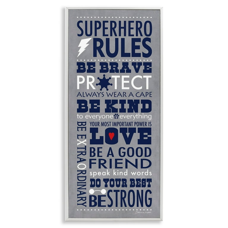 Stupell Industries 'Superhero Rules' Framed Wall Art - Typography Print, 10 X 24 Inches, White Frame