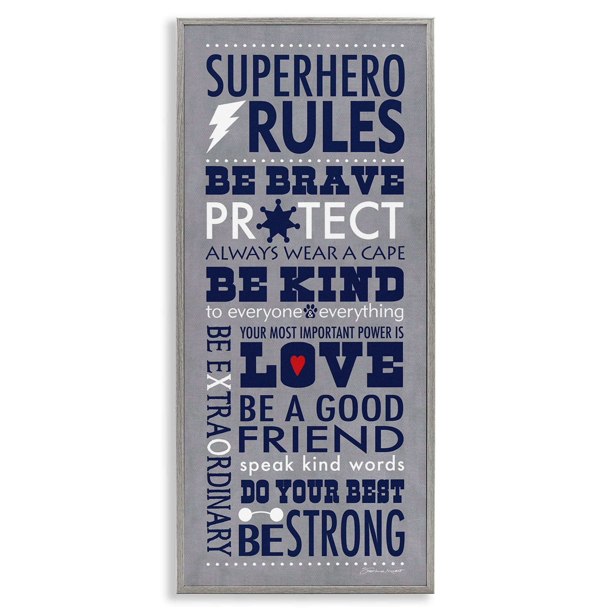 Stupell Industries Grey and Navy Superhero Rules Typography, 10 x 24,Design by Stephanie Workman Marrott