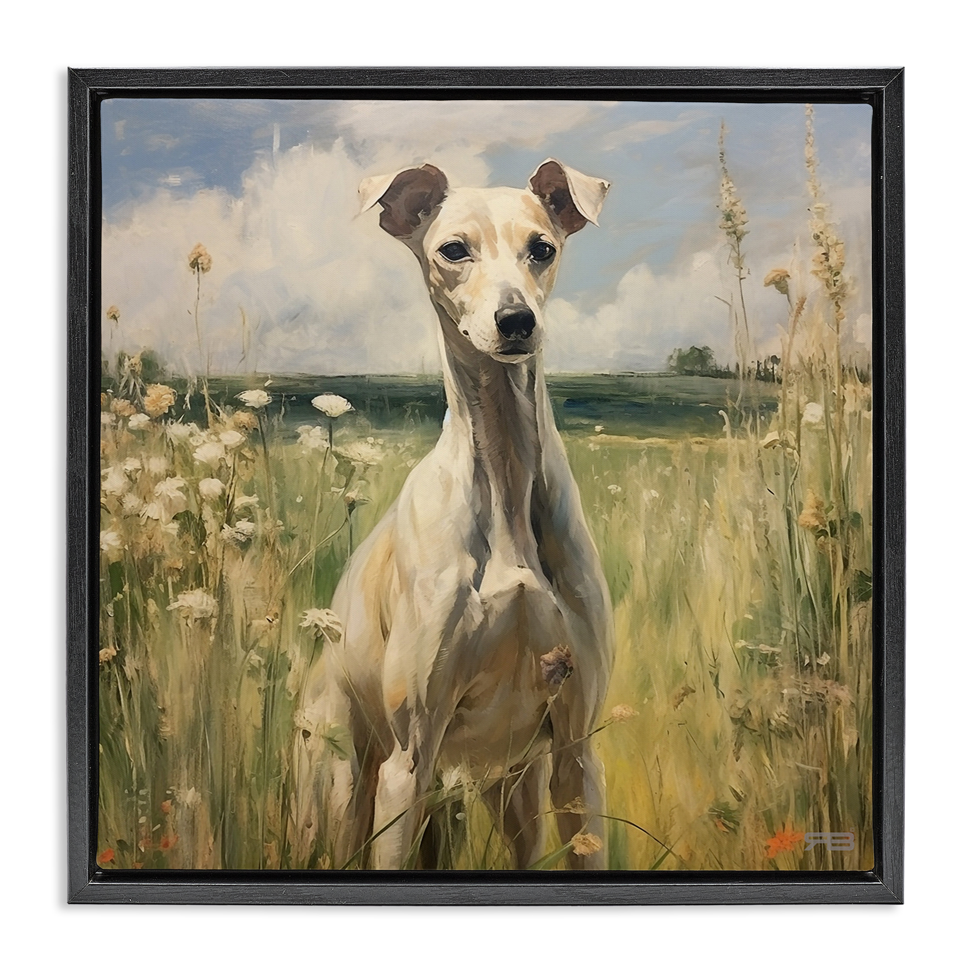 Stupell Industries Greyhound Dog Landscape Landscape Painting Black Floater Framed Canvas Art Print Wall Art, 18 x 18