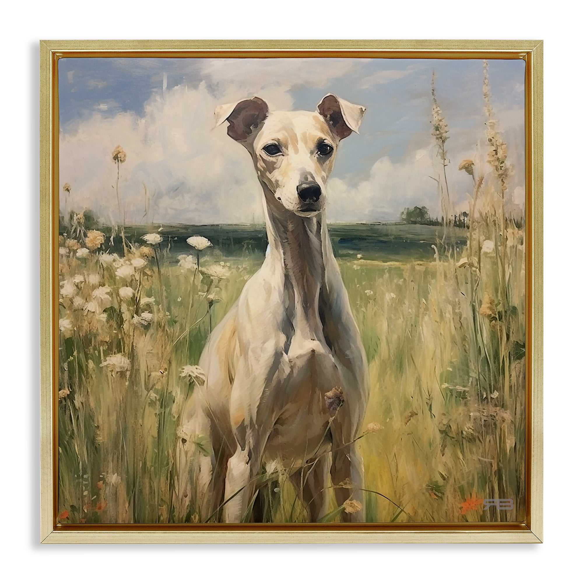 Stupell Industries Greyhound Dog Landscape Landscape Painting Gold Floater Framed Canvas Art Print Wall Art, 25 x 25
