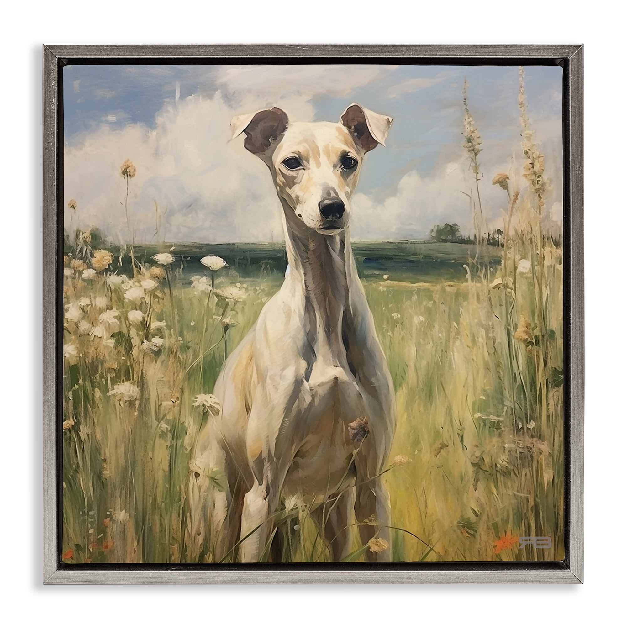Stupell Industries Greyhound Dog Landscape Landscape Painting Gray Floater Framed Canvas Art Print Wall Art, 25 x 25