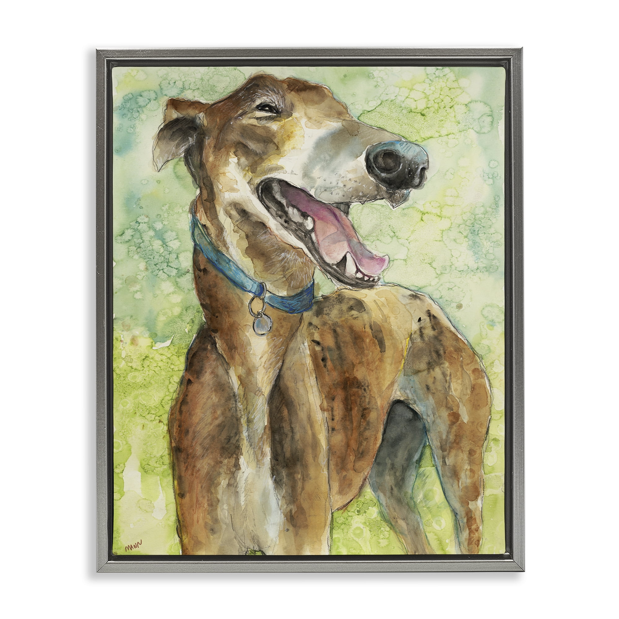 Stupell Industries Greyhound Smile Watercolor Gray Framed Floater Canvas Wall Art, design by Patti Mann