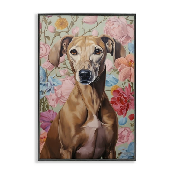 Stupell Industries Greyhound on Florals Animals & Insects Painting Black Framed Art Print Wall Art, 12 x 18