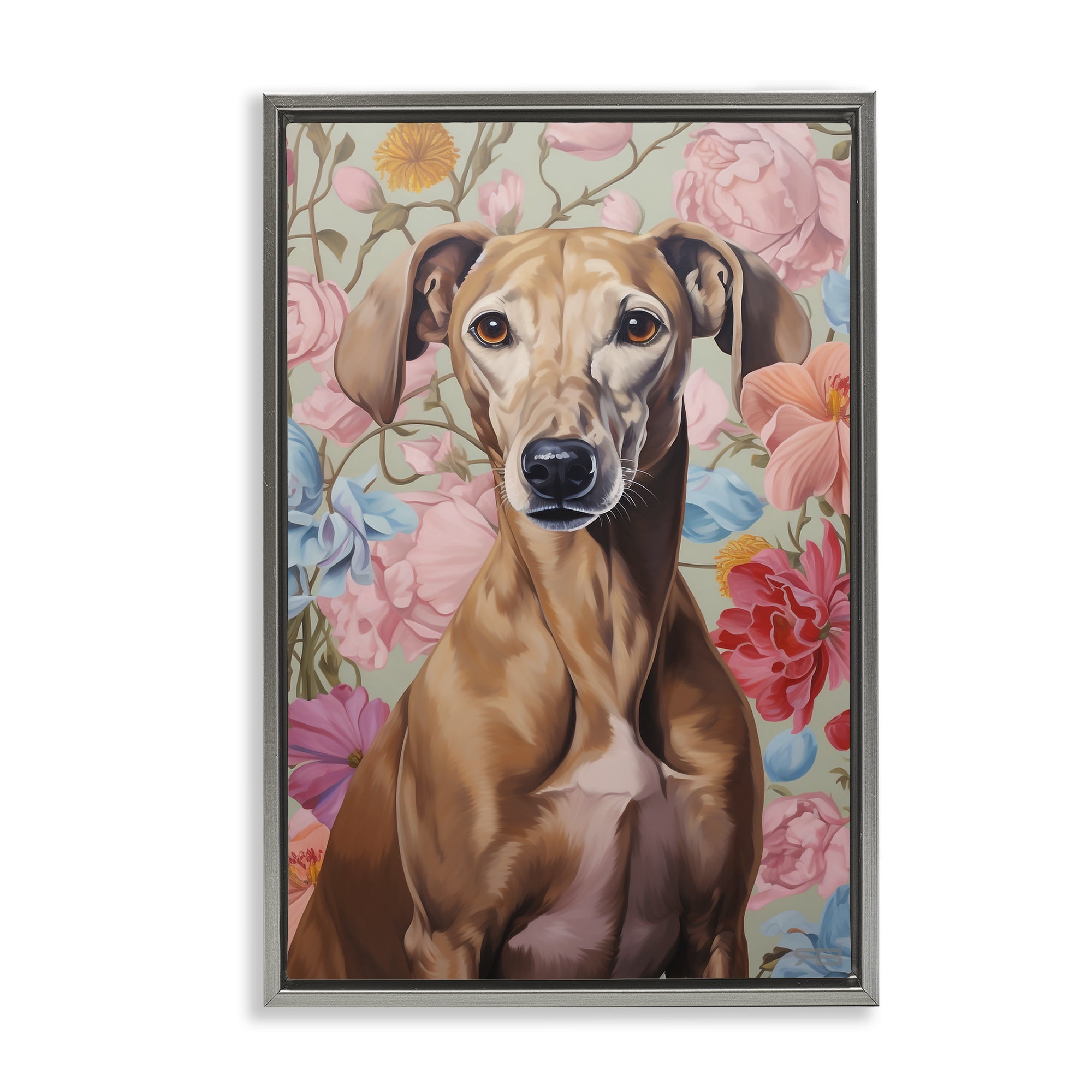 Stupell Industries Greyhound on Florals Animals & Insects Painting Gray Floater Framed Canvas Art Print Wall Art, 17 x 25