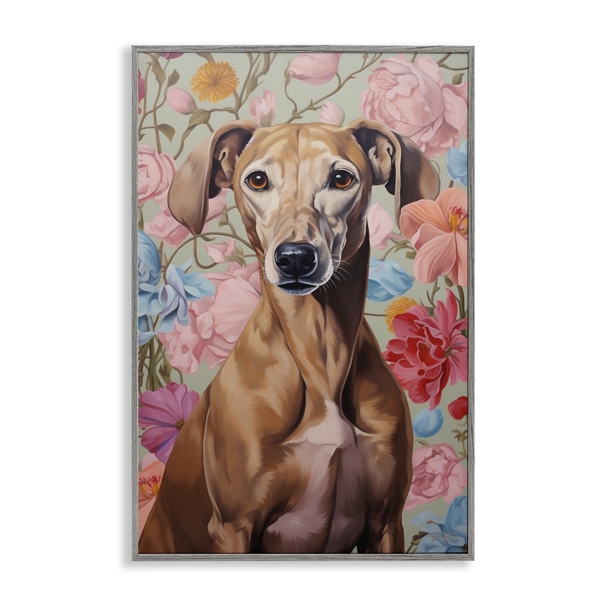 Stupell Industries Greyhound on Florals Animals & Insects Painting Gray Framed Art Print Wall Art, 20 x 30
