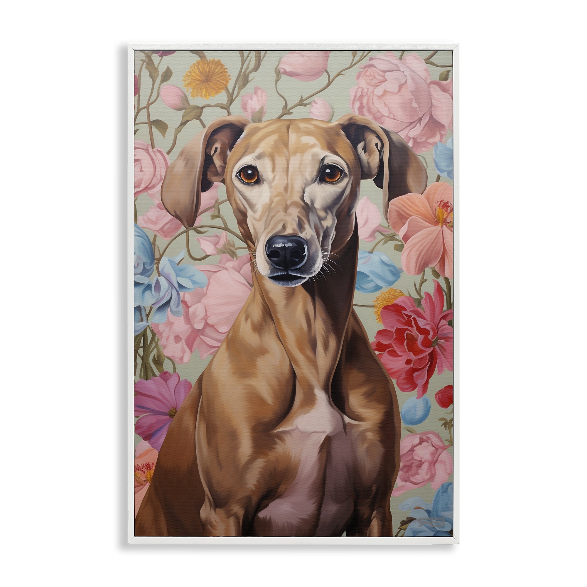 Stupell Industries Greyhound on Florals Animals & Insects Painting White Framed Art Print Wall Art, 20 x 30
