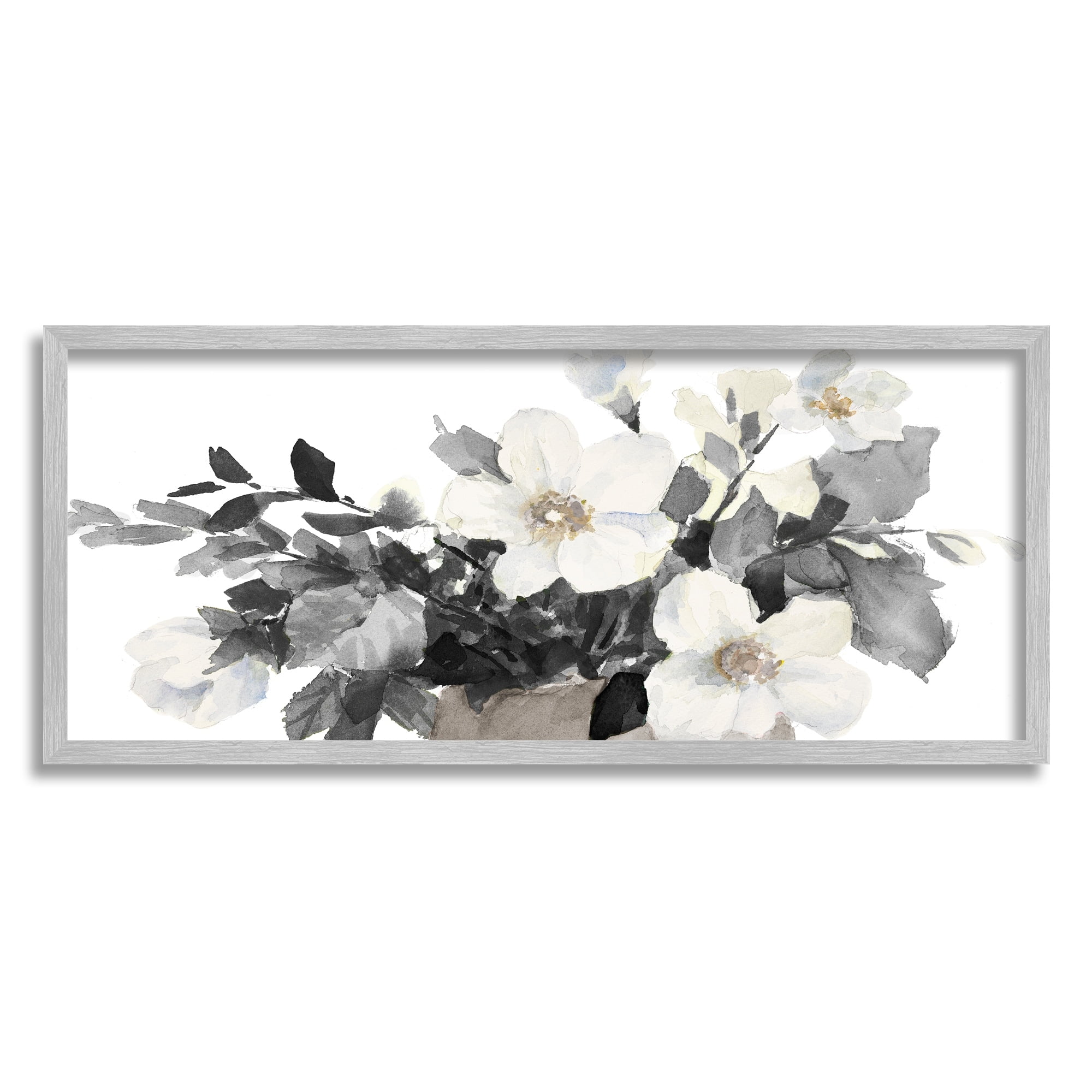 Stupell Industries Greyscale Spring Florals Blooming Soft Watercolor Flowers Botanical & Floral Painting Gray Framed Art Print Wall Art, 10 x 24