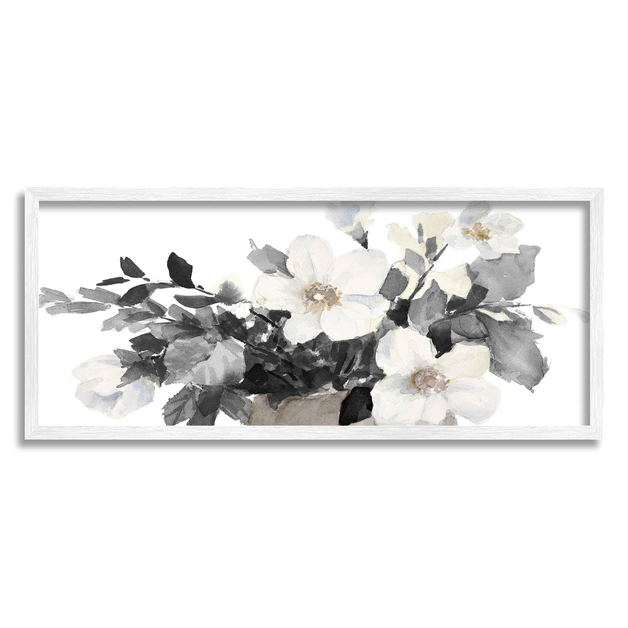 Stupell Industries Greyscale Spring Florals Blooming Soft Watercolor Flowers Botanical & Floral Painting White Framed Art Print Wall Art, 13 x 30