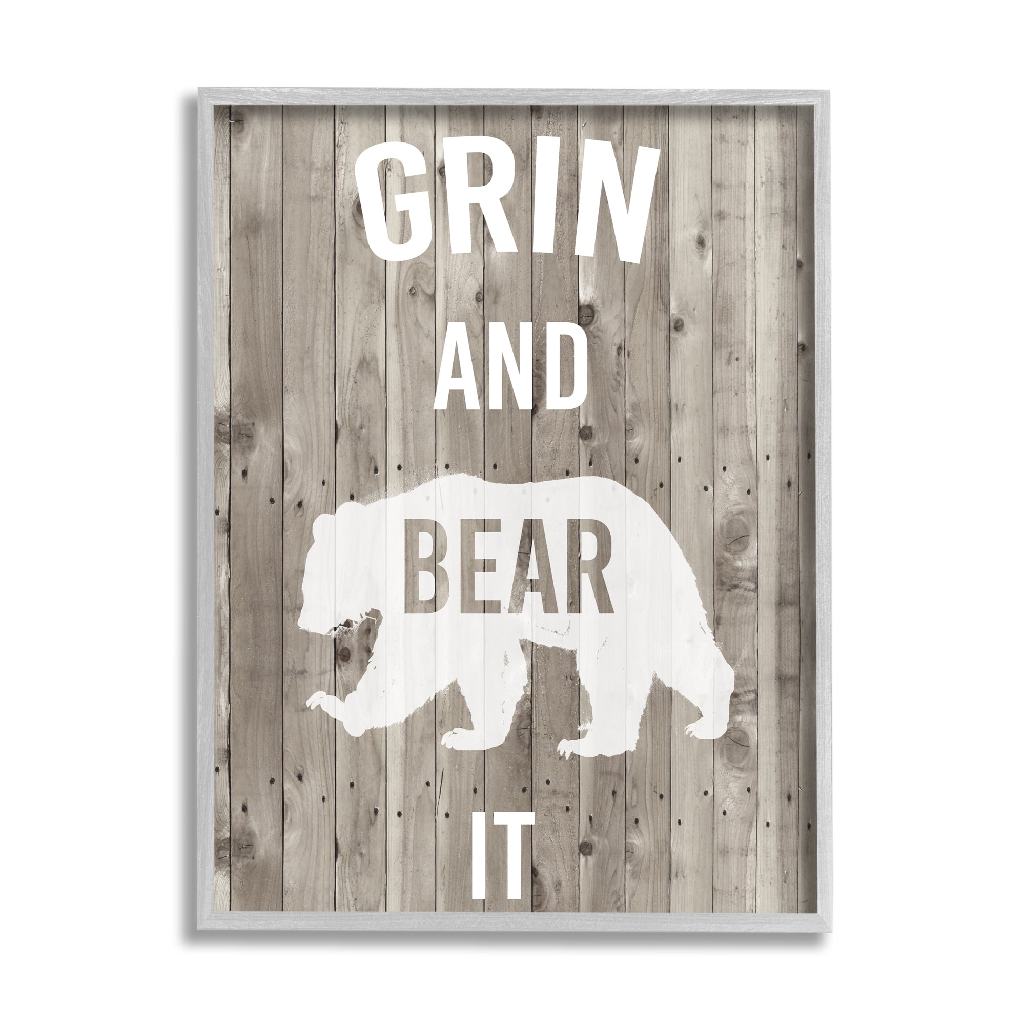 Stupell Industries Grin and Bear It Phrase Rustic Animal Pun Graphic Art Gray Framed Art Print Wall Art, 11x14, by Studio W