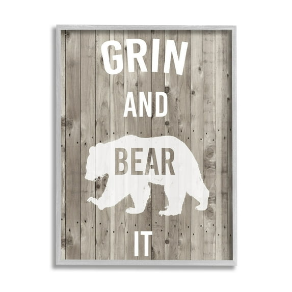 Stupell Industries Grin and Bear It Phrase Rustic Animal Pun Graphic Art Gray Framed Art Print Wall Art, 11x14, by Studio W