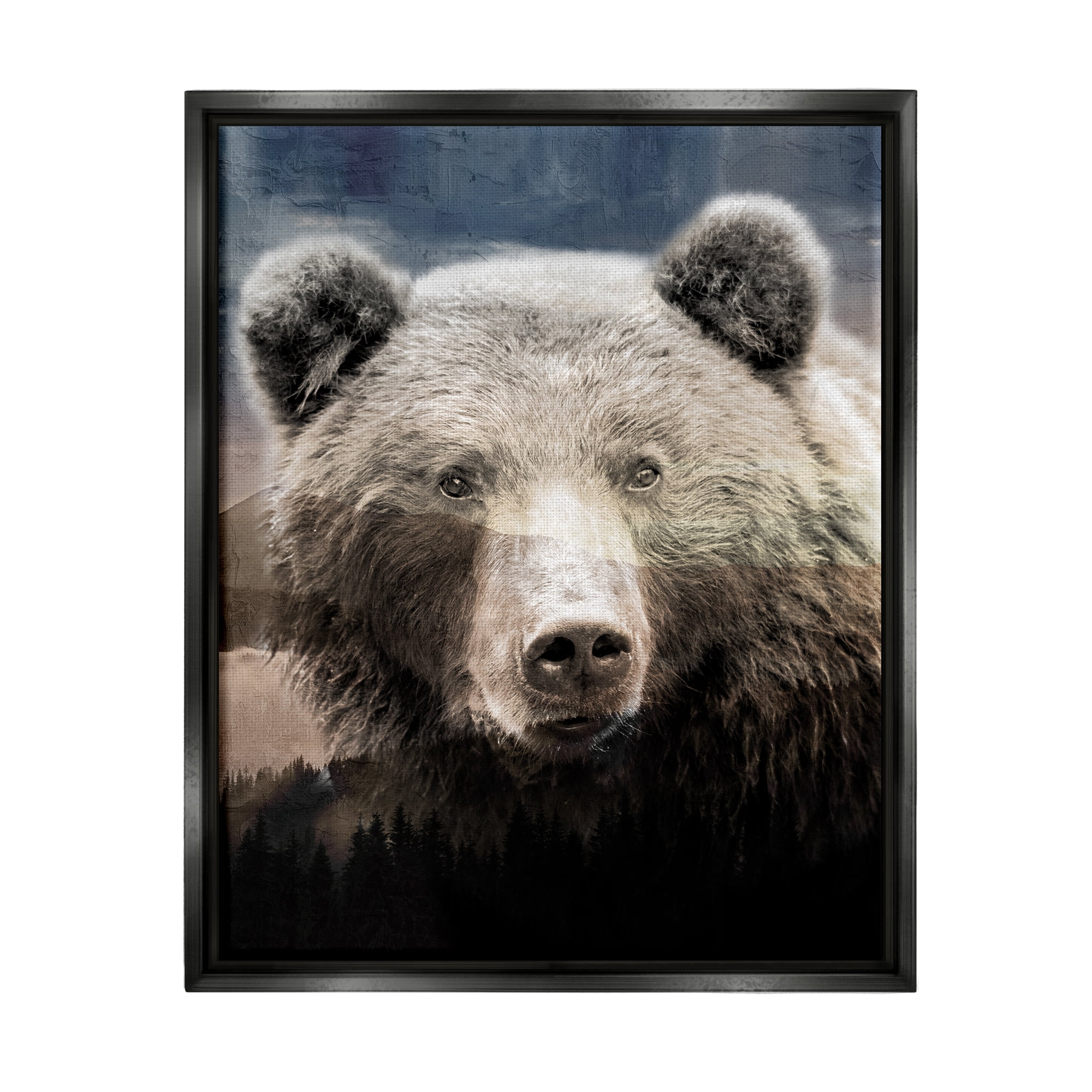 Stupell Industries Grizzly Bear Face Portrait Animals & Insects Painting Black Floater Framed Canvas Art Print Wall Art, 17 x 21