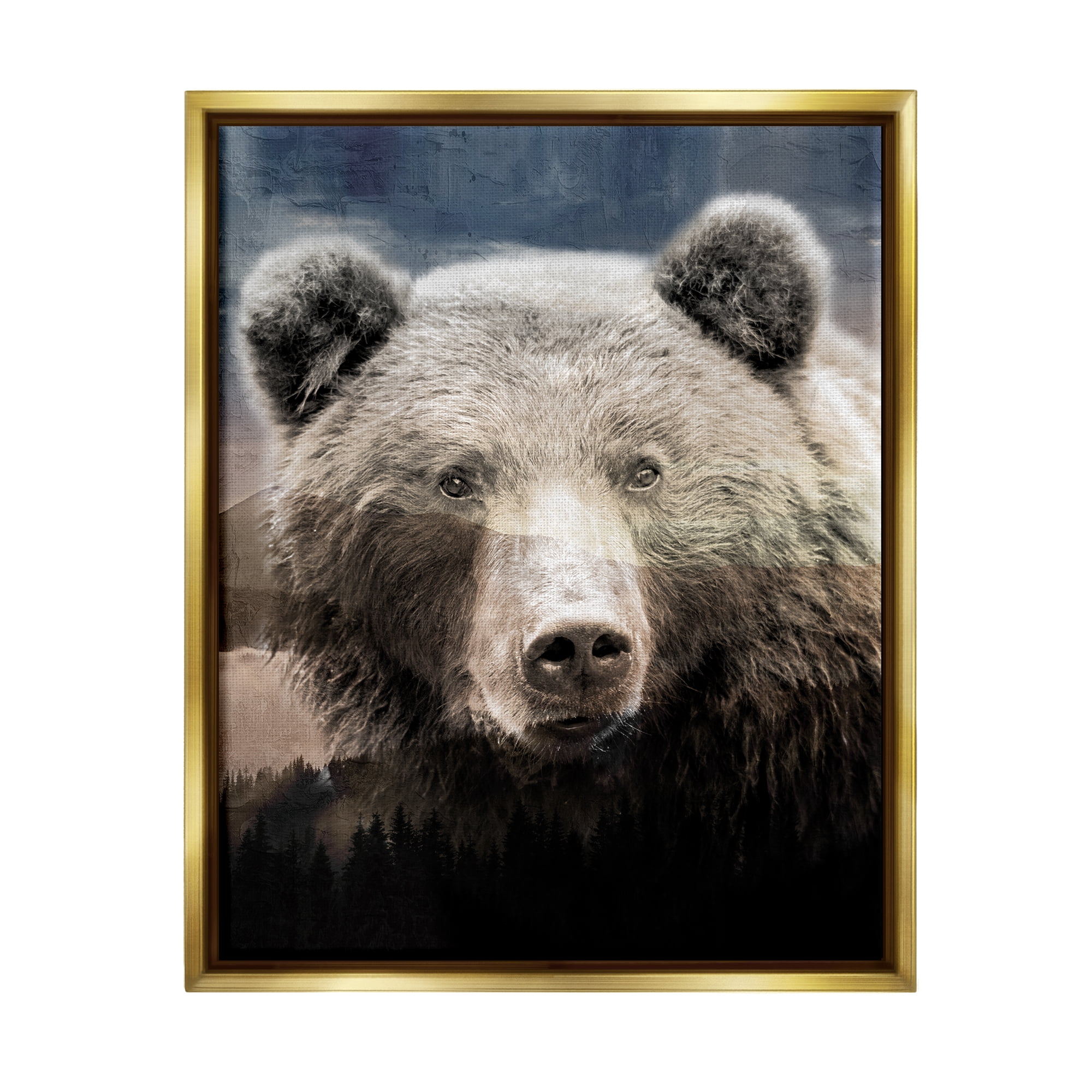 Stupell Industries Grizzly Bear Face Portrait Animals & Insects Painting Gold Floater Framed Canvas Art Print Wall Art, 17 x 21