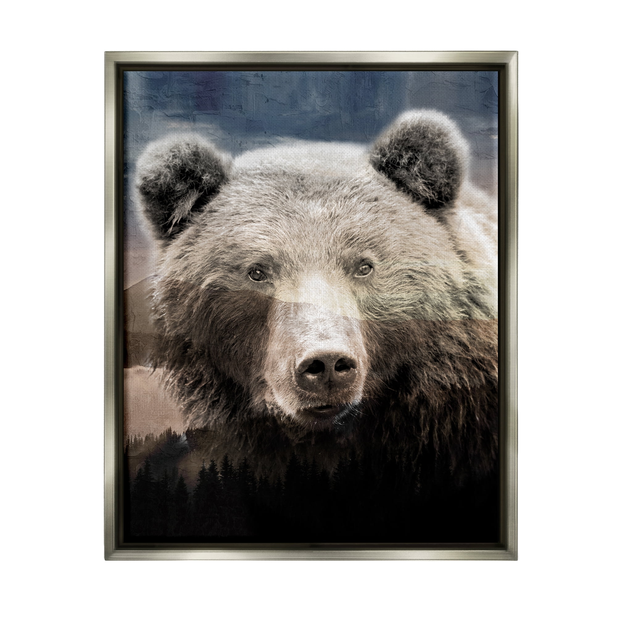 Stupell Industries Grizzly Bear Face Portrait Animals & Insects Painting Gray Floater Framed Canvas Art Print Wall Art, 17 x 21