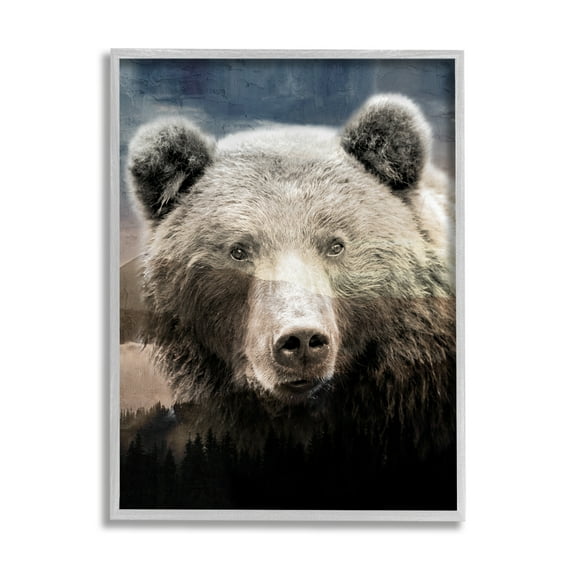 Stupell Industries Grizzly Bear Face Portrait Animals & Insects Painting Gray Framed Art Print Wall Art, 16 x 20