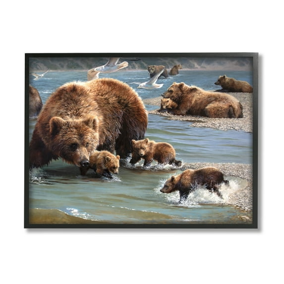 Stupell Industries Grizzly Bear Family Fishing Animals & Insects Painting Black Framed Art Print Wall Art