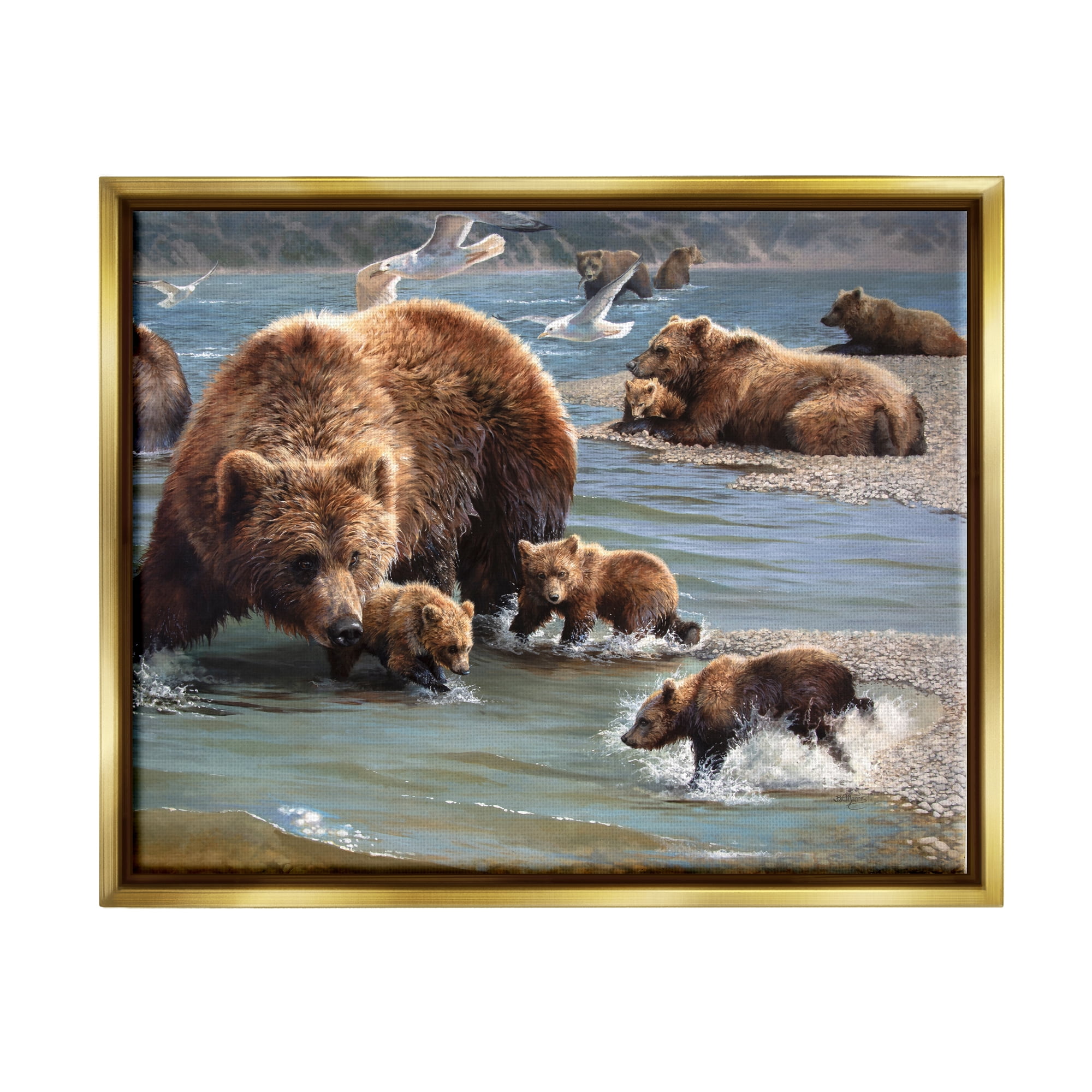 Stupell Industries Grizzly Bear Family Fishing Animals & Insects Painting Gold Floater Framed Art Print Wall Art