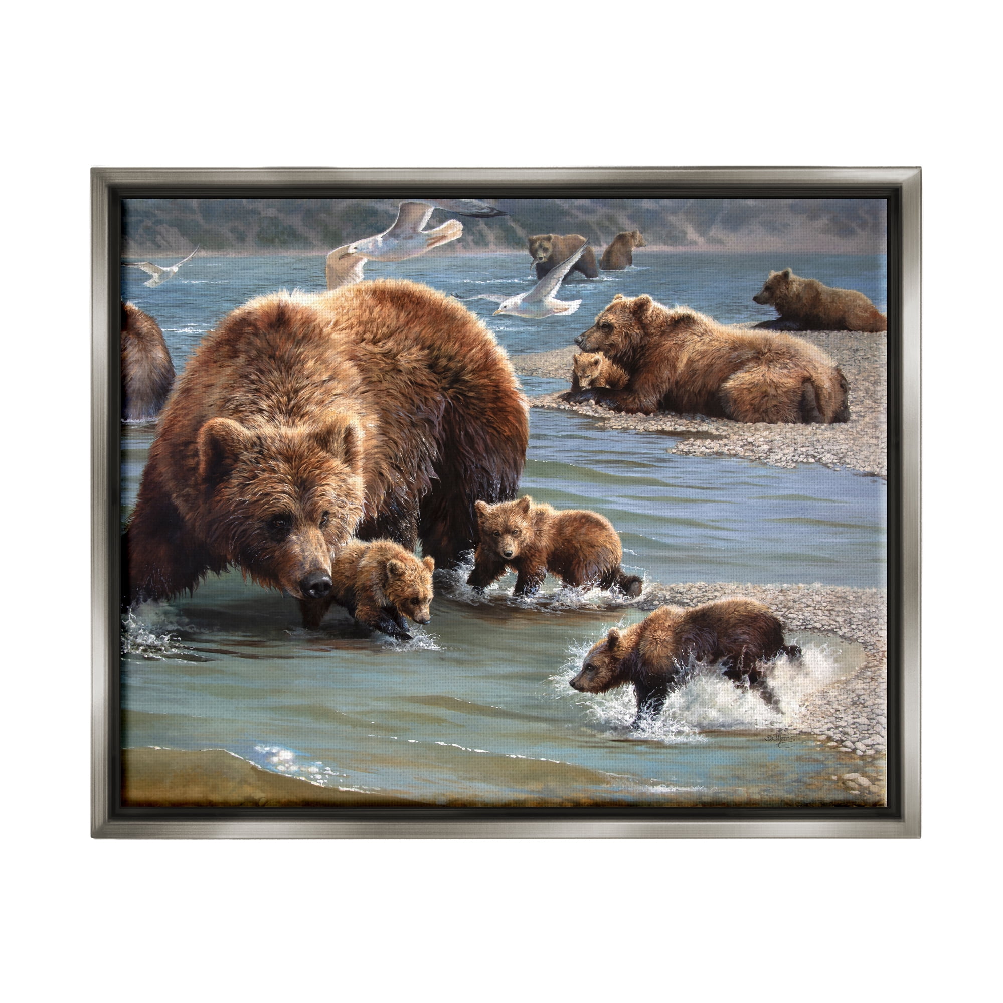 Stupell Industries Grizzly Bear Family Fishing Animals & Insects Painting Gray Floater Framed Art Print Wall Art