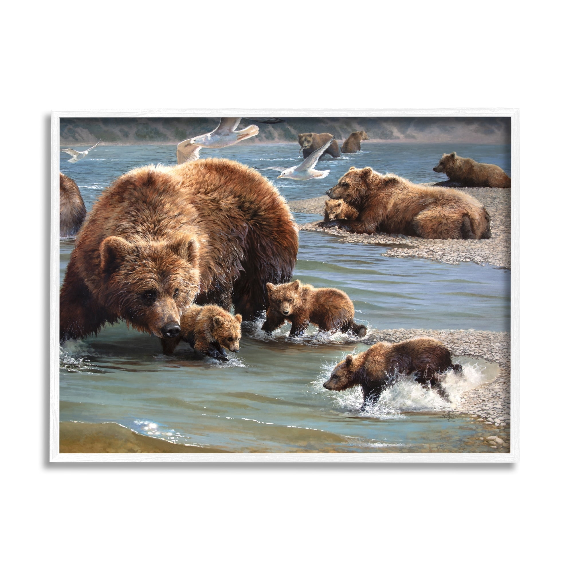 Stupell Industries Grizzly Bear Family Fishing Animals & Insects Painting White Framed Art Print Wall Art