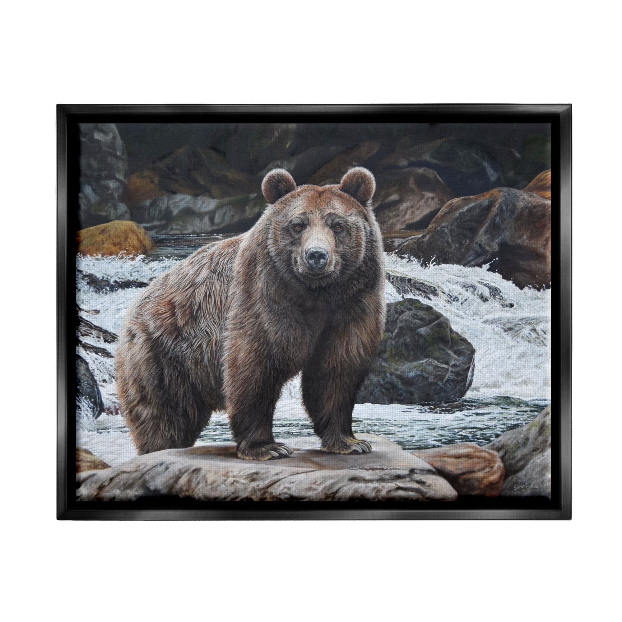 Stupell Industries Grizzly Bear by Waterfall Animals & Insects Painting Black Floater Framed Art Print Wall Art, 31 x 25