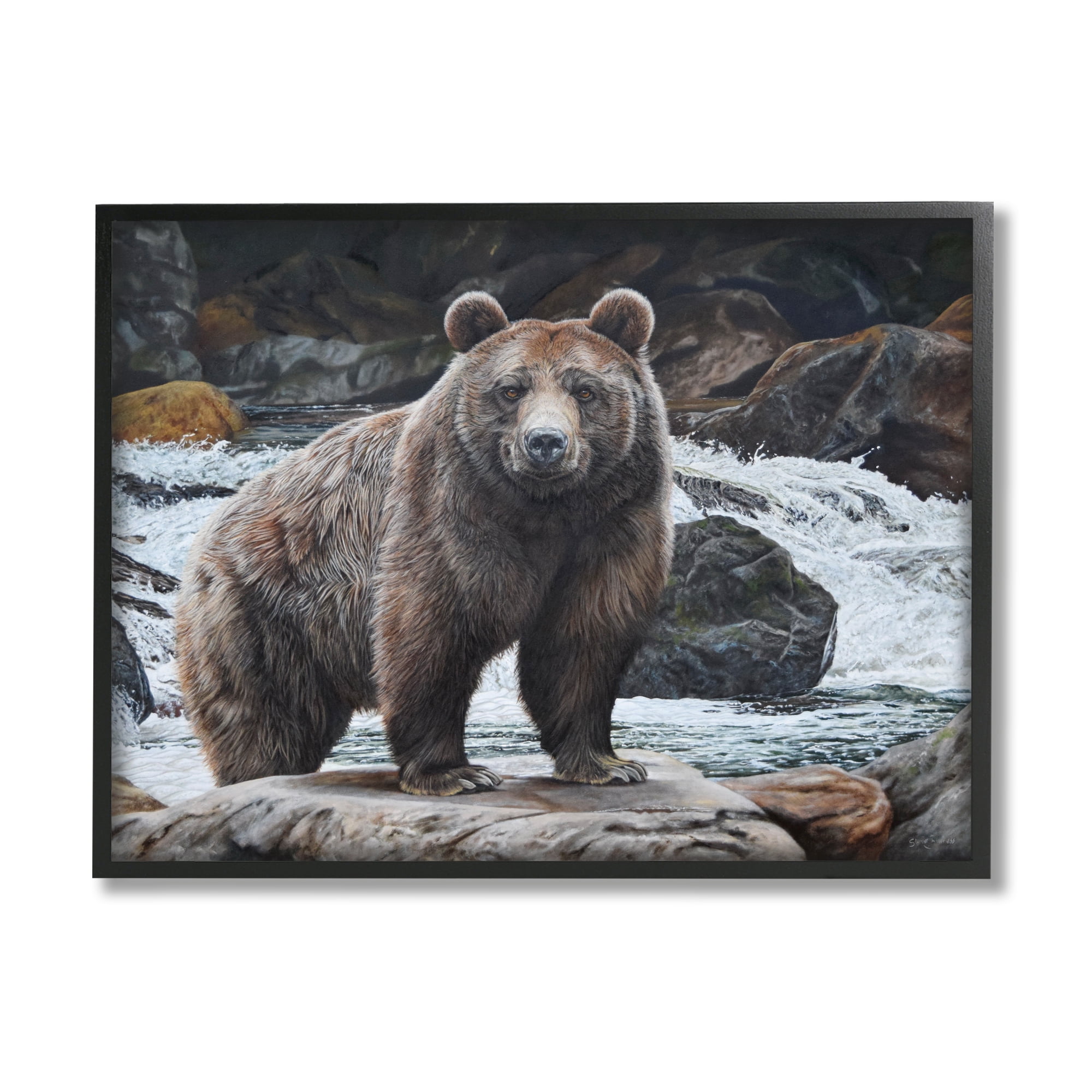 Stupell Industries Grizzly Bear by Waterfall Animals & Insects Painting Black Framed Art Print Wall Art, 30 x 24