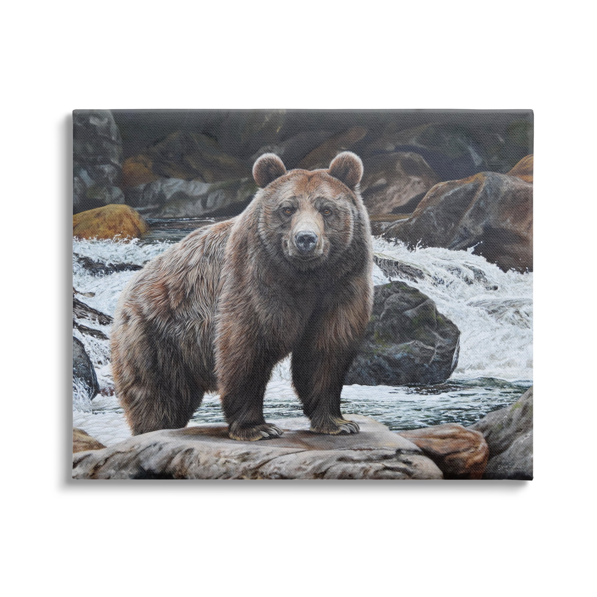 Stupell Industries Grizzly Bear by Waterfall Animals & Insects Painting Gallery Wrapped Canvas Print Wall Art, 30 x 24