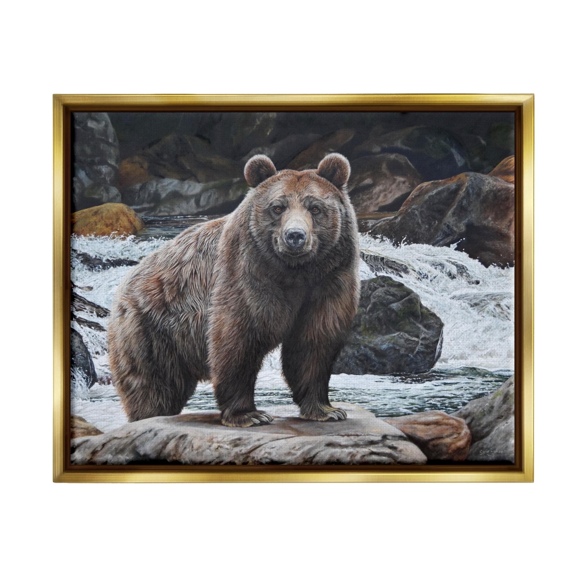 Stupell Industries Grizzly Bear by Waterfall Animals & Insects Painting Gold Floater Framed Art Print Wall Art, 21 x 17