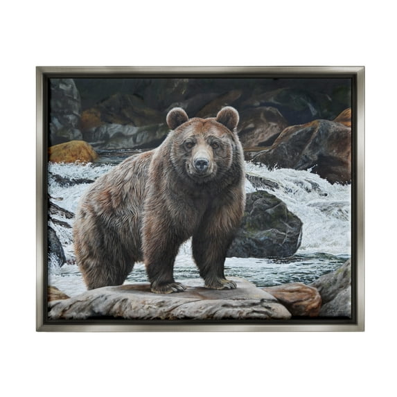 Stupell Industries Grizzly Bear by Waterfall Animals & Insects Painting Gray Floater Framed Art Print Wall Art, 21 x 17