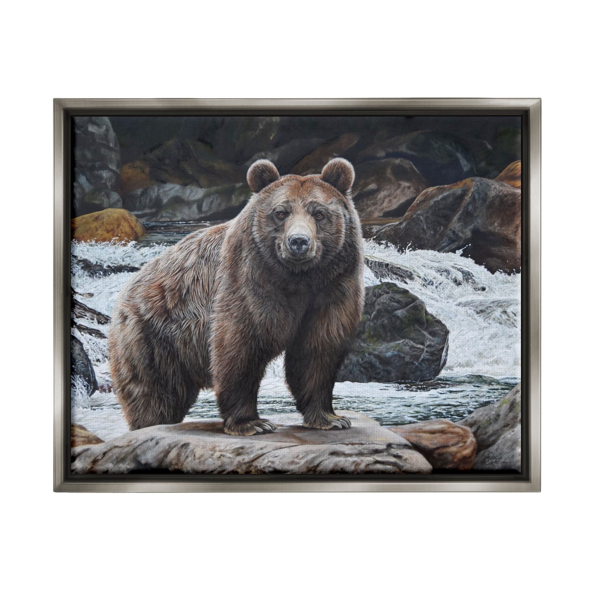Stupell Industries Grizzly Bear by Waterfall Animals & Insects Painting Gray Floater Framed Art Print Wall Art, 31 x 25