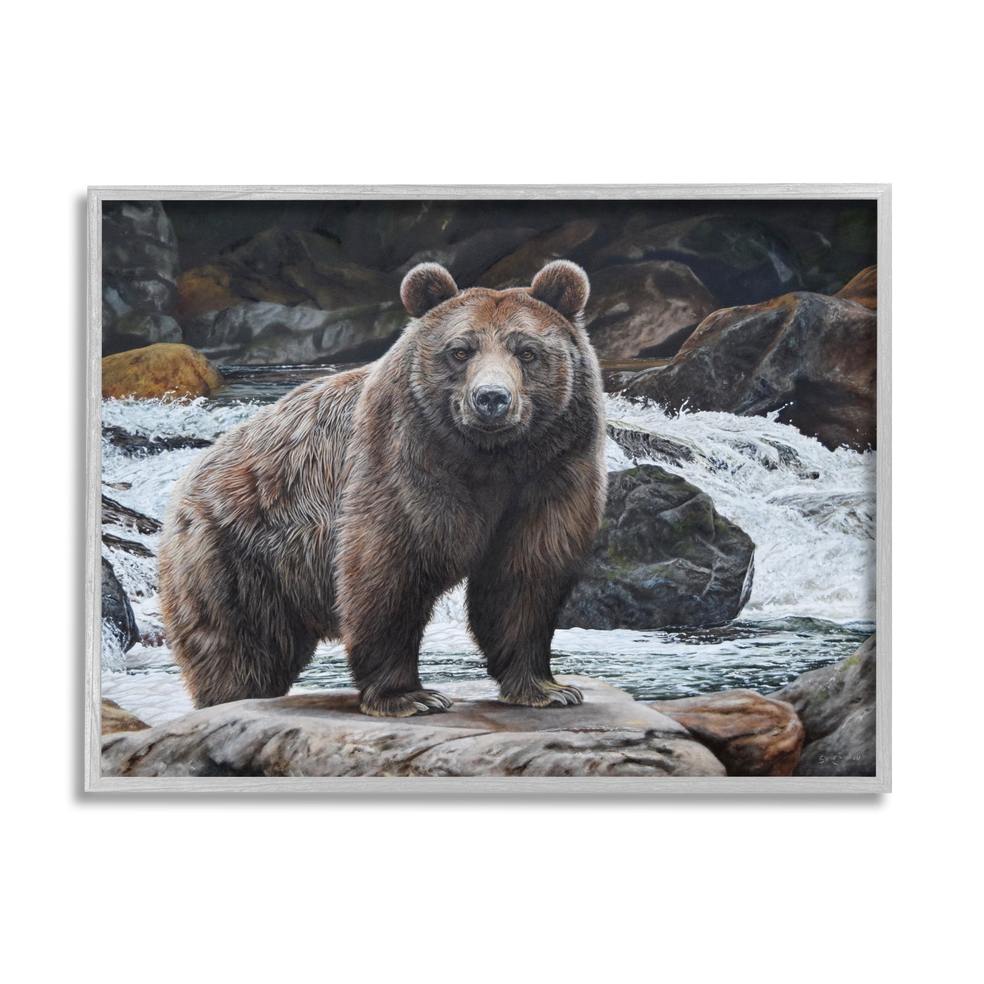 Stupell Industries Grizzly Bear by Waterfall Animals & Insects Painting Gray Framed Art Print Wall Art, 30 x 24