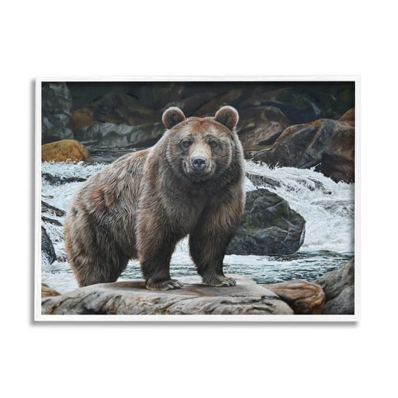 Stupell Industries Grizzly Bear by Waterfall Animals & Insects Painting White Framed Art Print Wall Art, 14 x 11