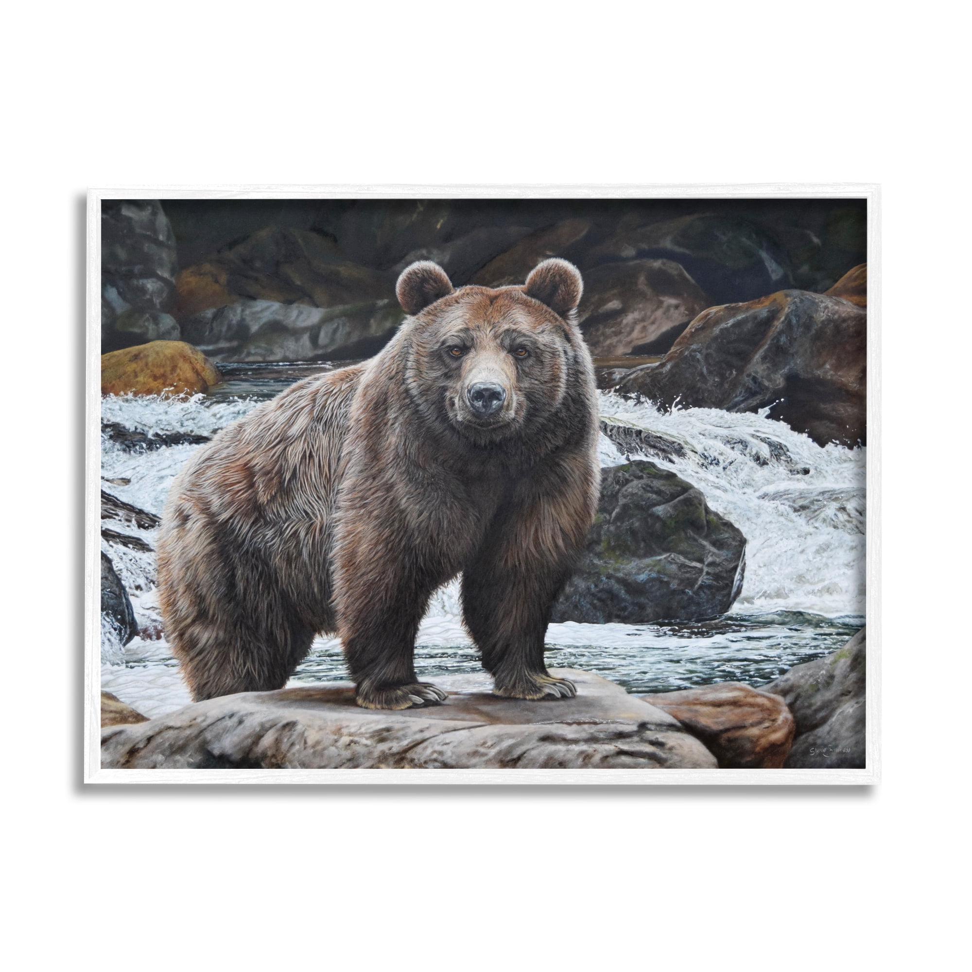 Stupell Industries Grizzly Bear by Waterfall Animals & Insects Painting White Framed Art Print Wall Art, 20 x 16