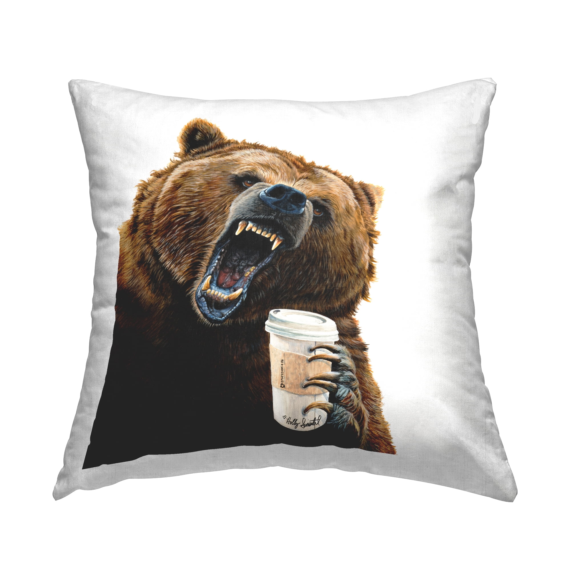 Stupell Industries Grizzly Bear with Coffee Cup Square Decorative Printed Throw Pillow, 18 x 18