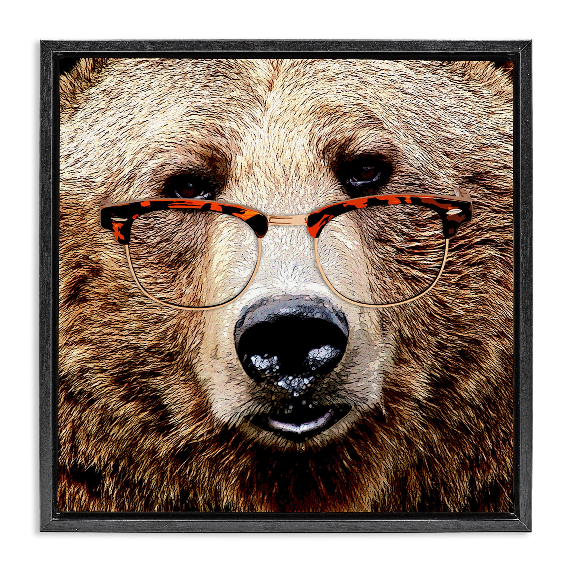 Stupell Industries Grizzly Bear with Glasses Animals & Insects Painting Black Floater Framed Canvas Art Print Wall Art, 25 x 25