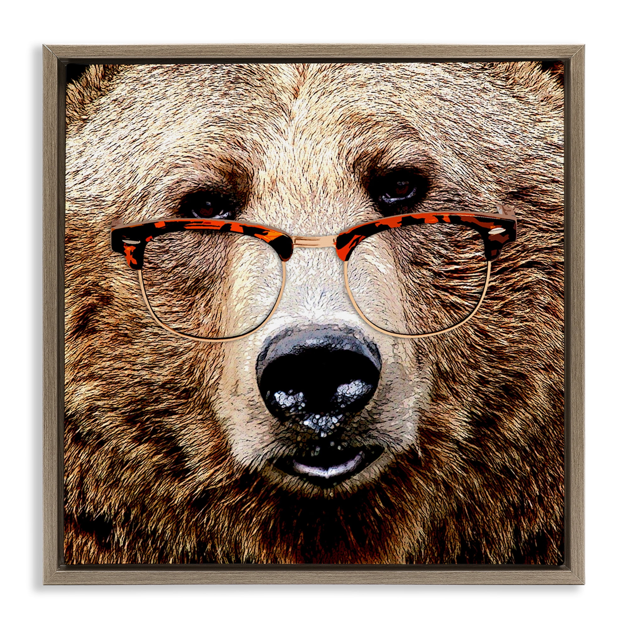 Stupell Industries Grizzly Bear with Glasses Animals & Insects Painting Brown Floater Framed Canvas Art Print Wall Art, 25 x 25