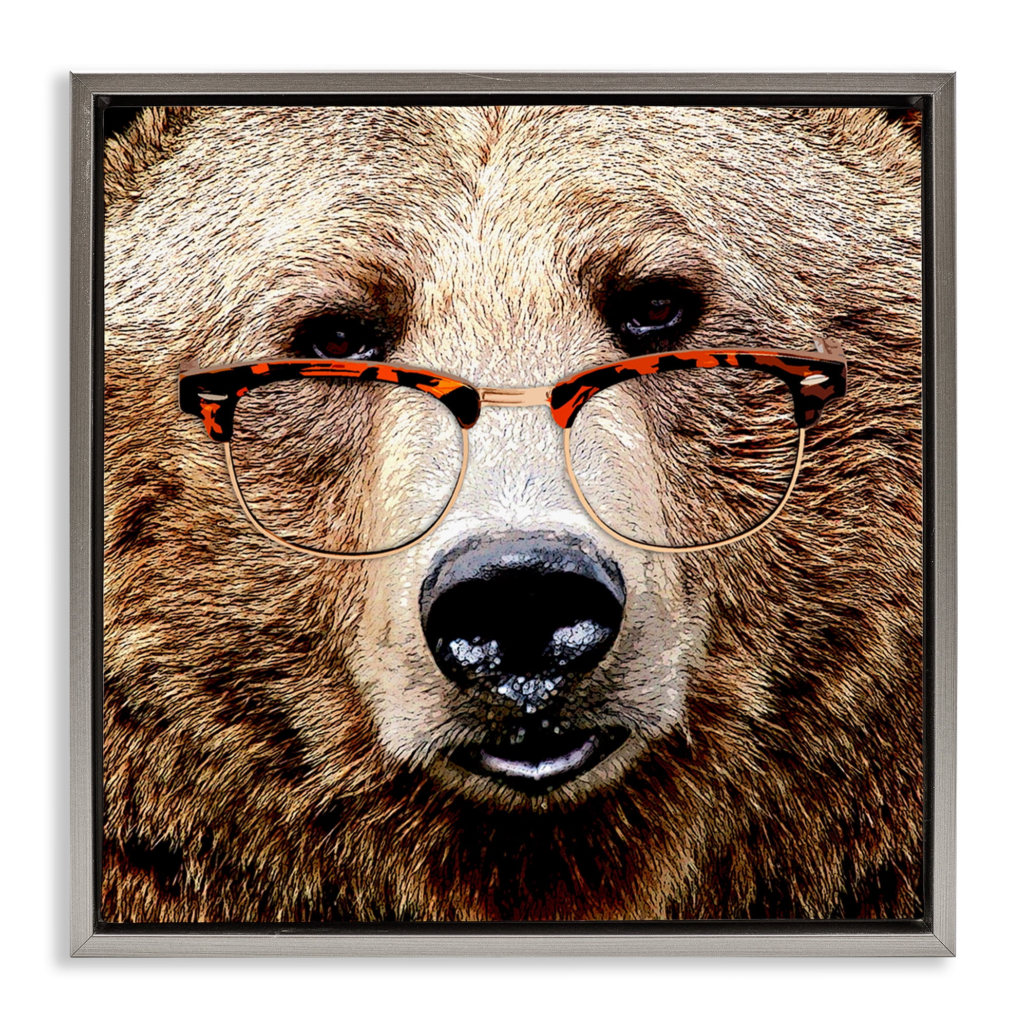 Stupell Industries Grizzly Bear with Glasses Animals & Insects Painting Gray Floater Framed Canvas Art Print Wall Art, 18 x 18