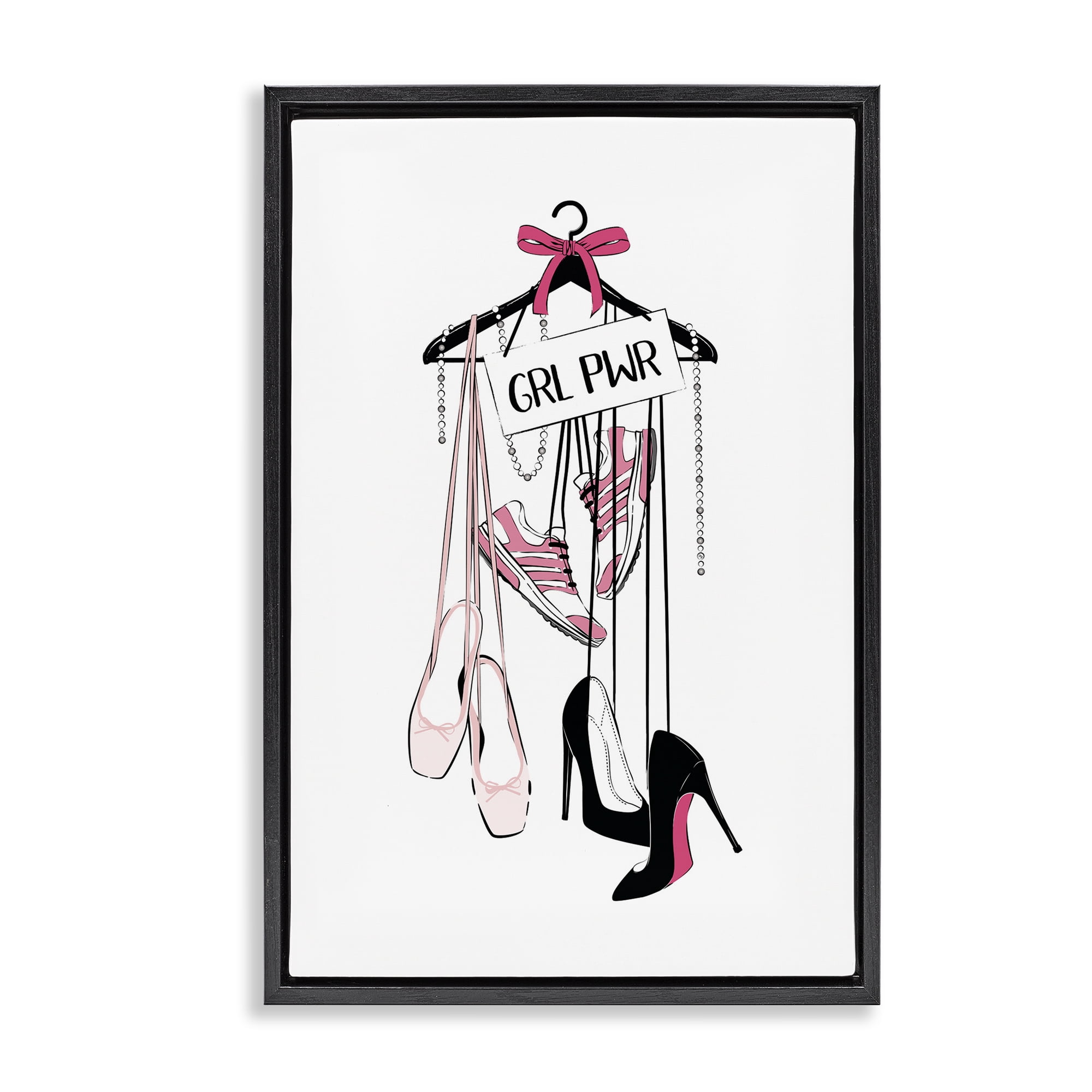 Stupell Industries Grl Pwr Hanging Shoes Beauty & Fashion Painting Black Floater Framed Art Print Wall Art, 21 x 31