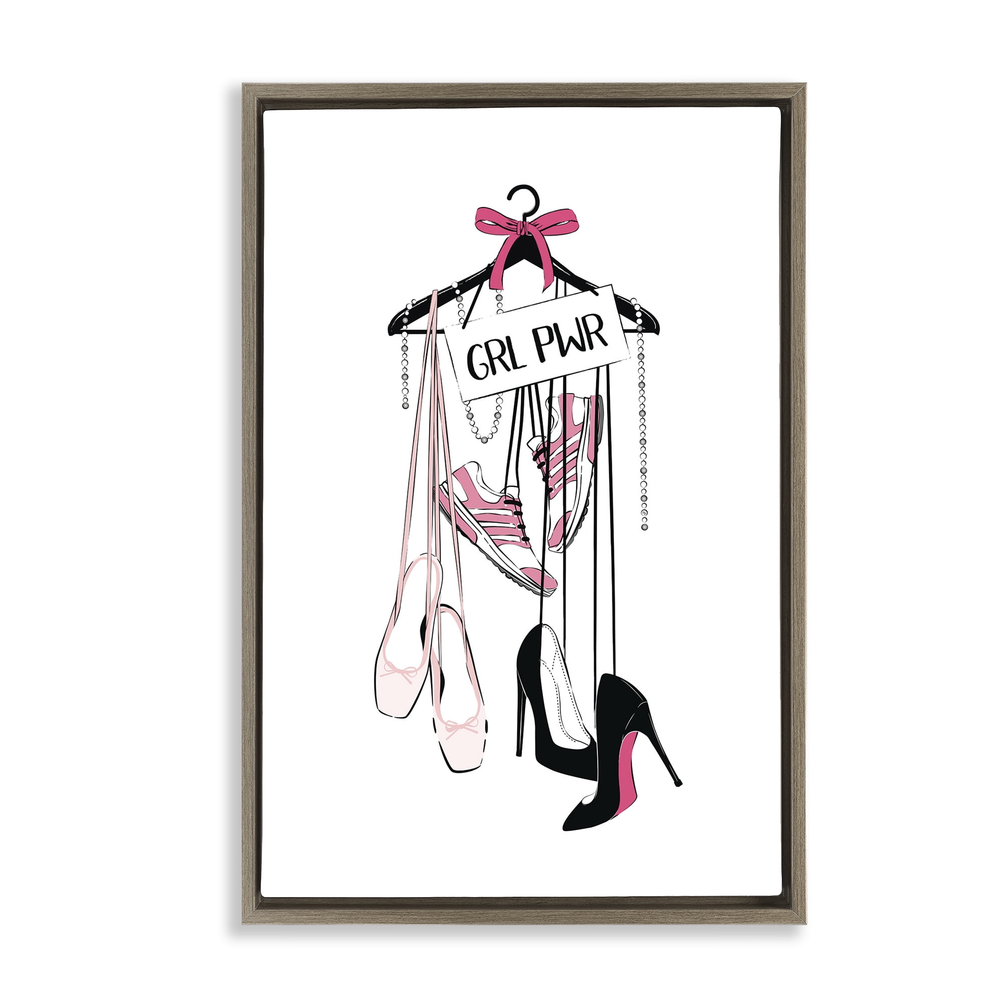 Stupell Industries Grl Pwr Hanging Shoes Beauty & Fashion Painting Brown Floater Framed Art Print Wall Art, 21 x 31
