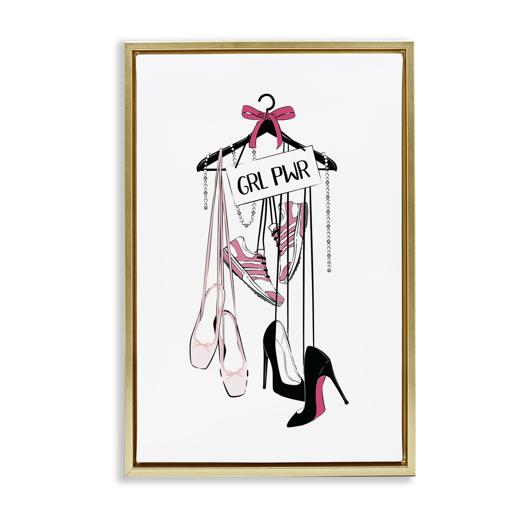 Stupell Industries Grl Pwr Hanging Shoes Beauty & Fashion Painting Gold Floater Framed Art Print Wall Art, 21 x 31