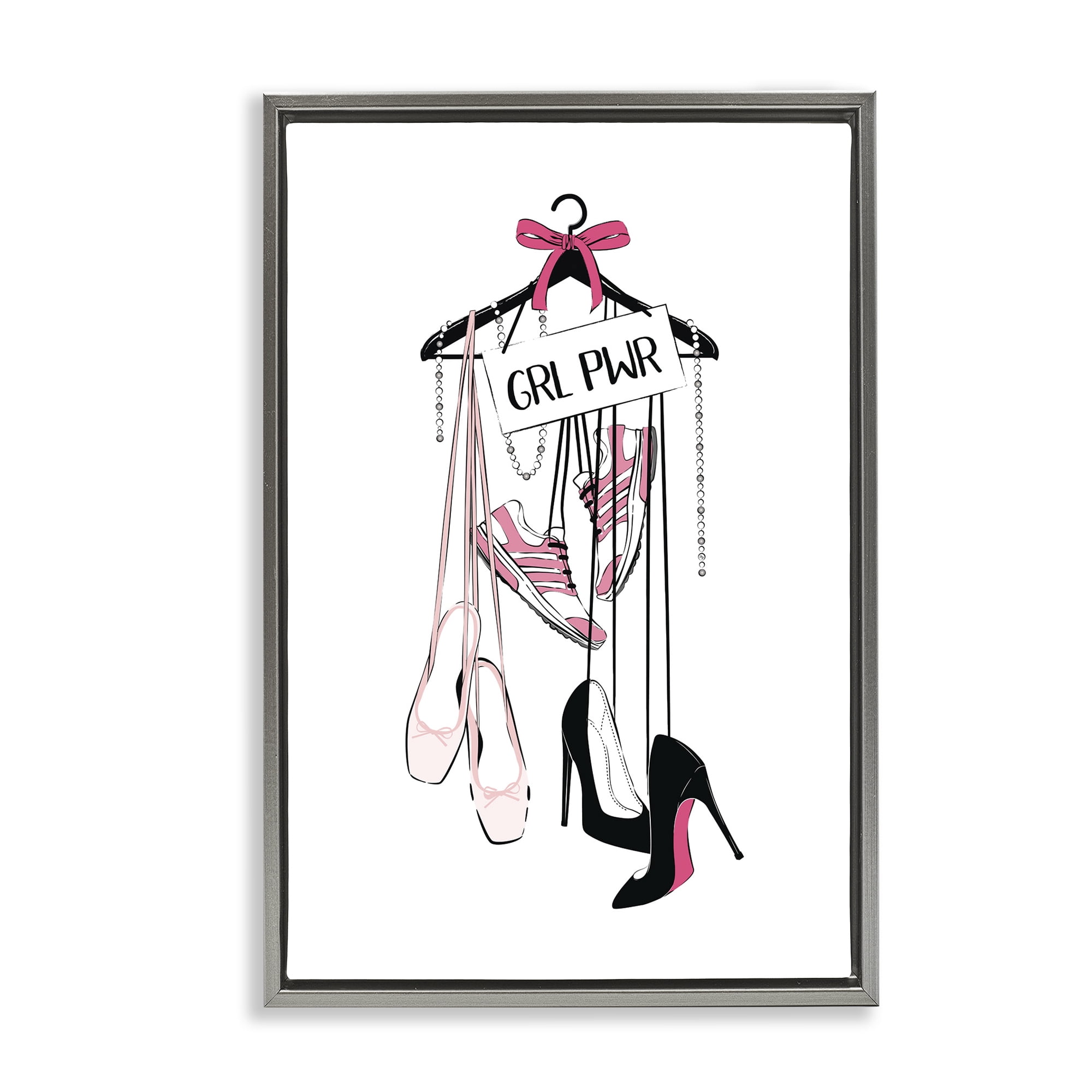 Stupell Industries Grl Pwr Hanging Shoes Beauty & Fashion Painting Gray Floater Framed Art Print Wall Art, 17 x 25