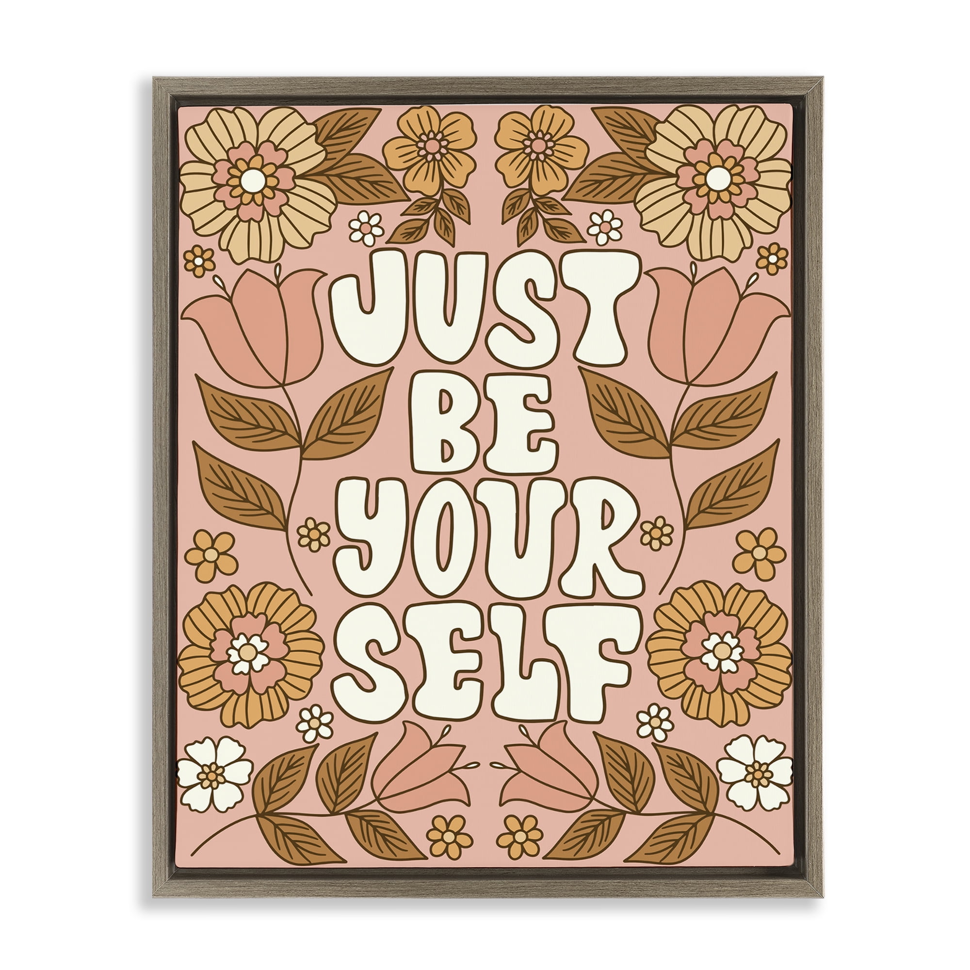 Stupell Industries Groovy Be Yourself Plants & Flowers Painting Brown Floater Framed Canvas Art Print Wall Art, 17 x 21