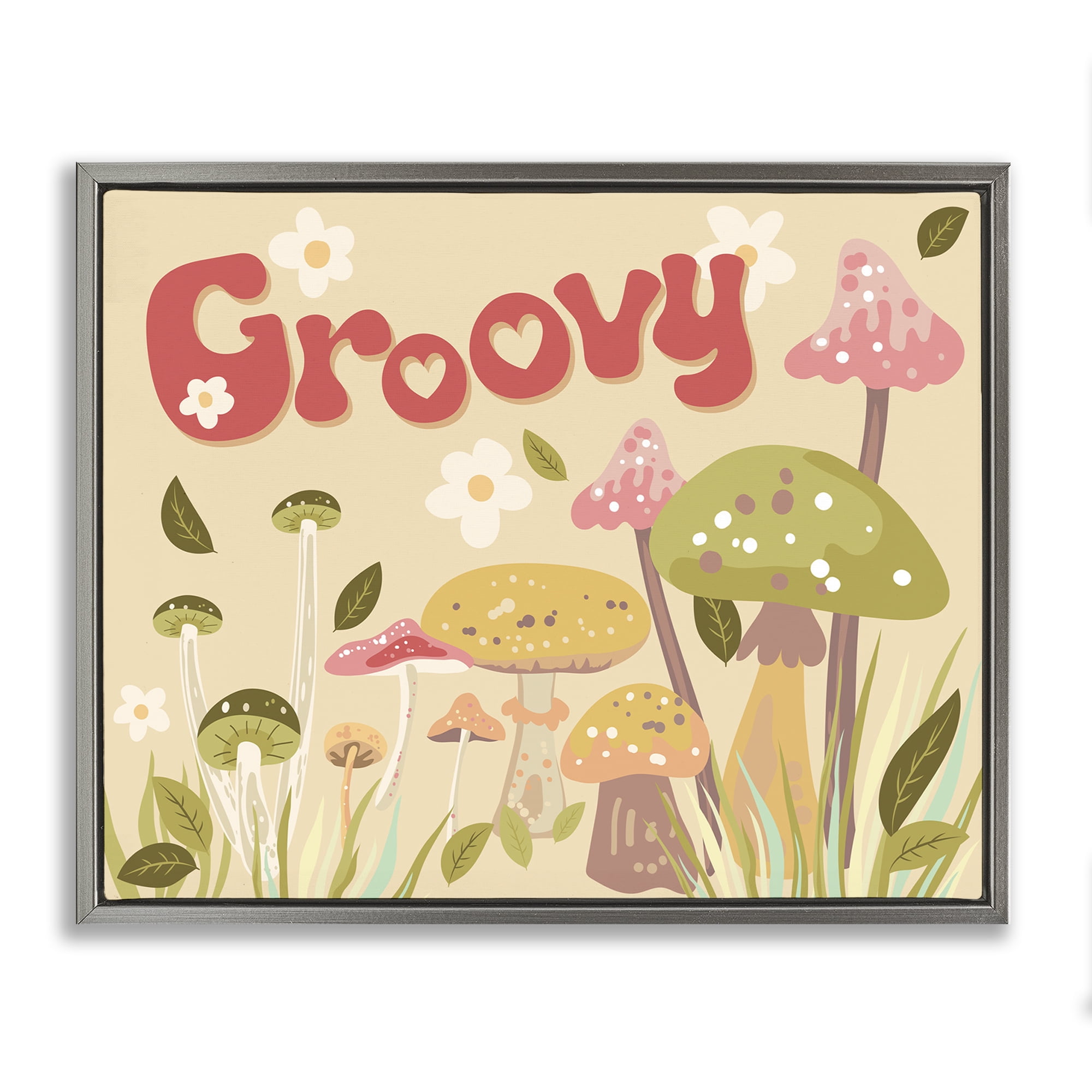 Stupell Industries Groovy Botanical Mushrooms Botanical & Floral Painting Gray Floater Framed Art Print Wall Art, 21 x 17