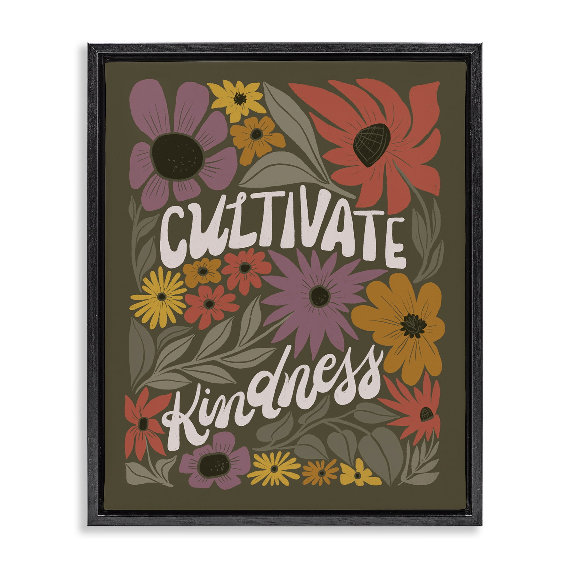 Stupell Industries Groovy Cultivate Kindness Plants & Flowers Painting Black Floater Framed Canvas Art Print Wall Art, 17 x 21
