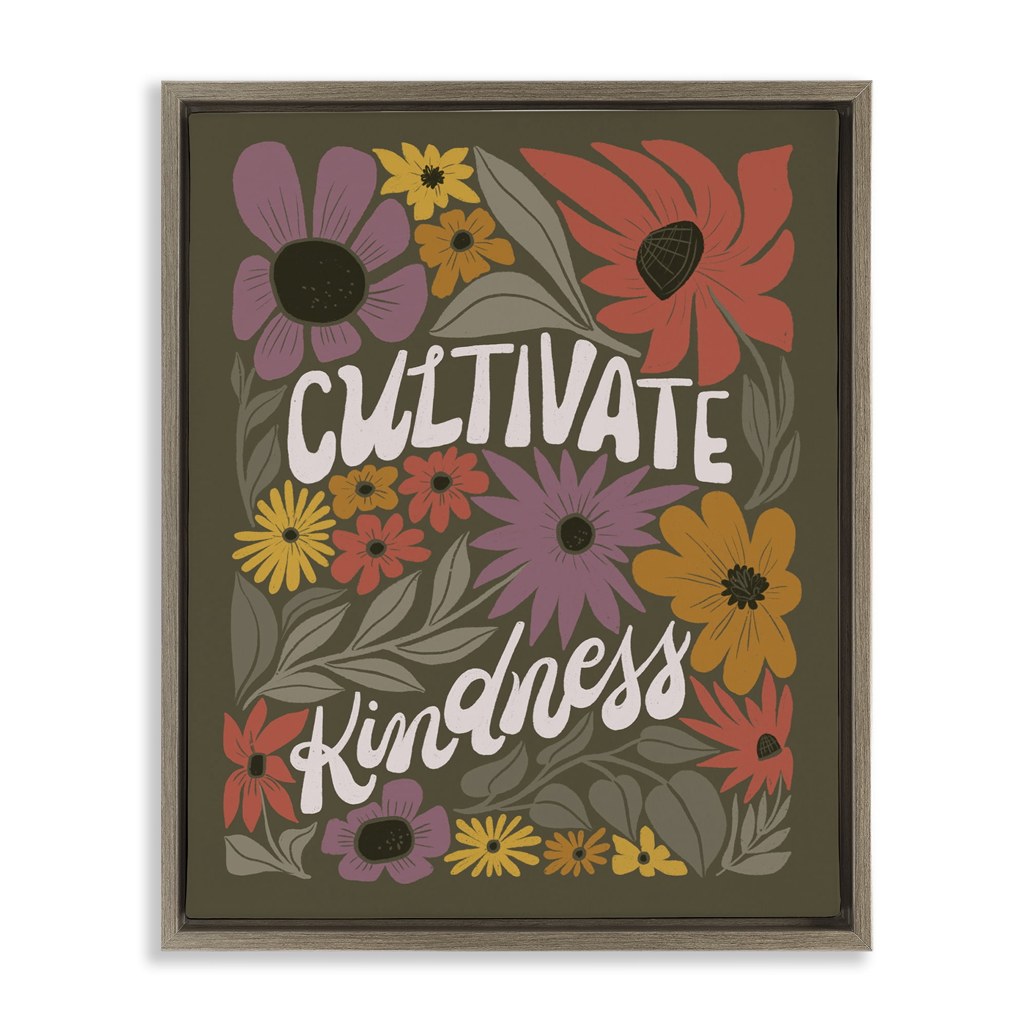 Stupell Industries Groovy Cultivate Kindness Plants & Flowers Painting Brown Floater Framed Canvas Art Print Wall Art, 17 x 21