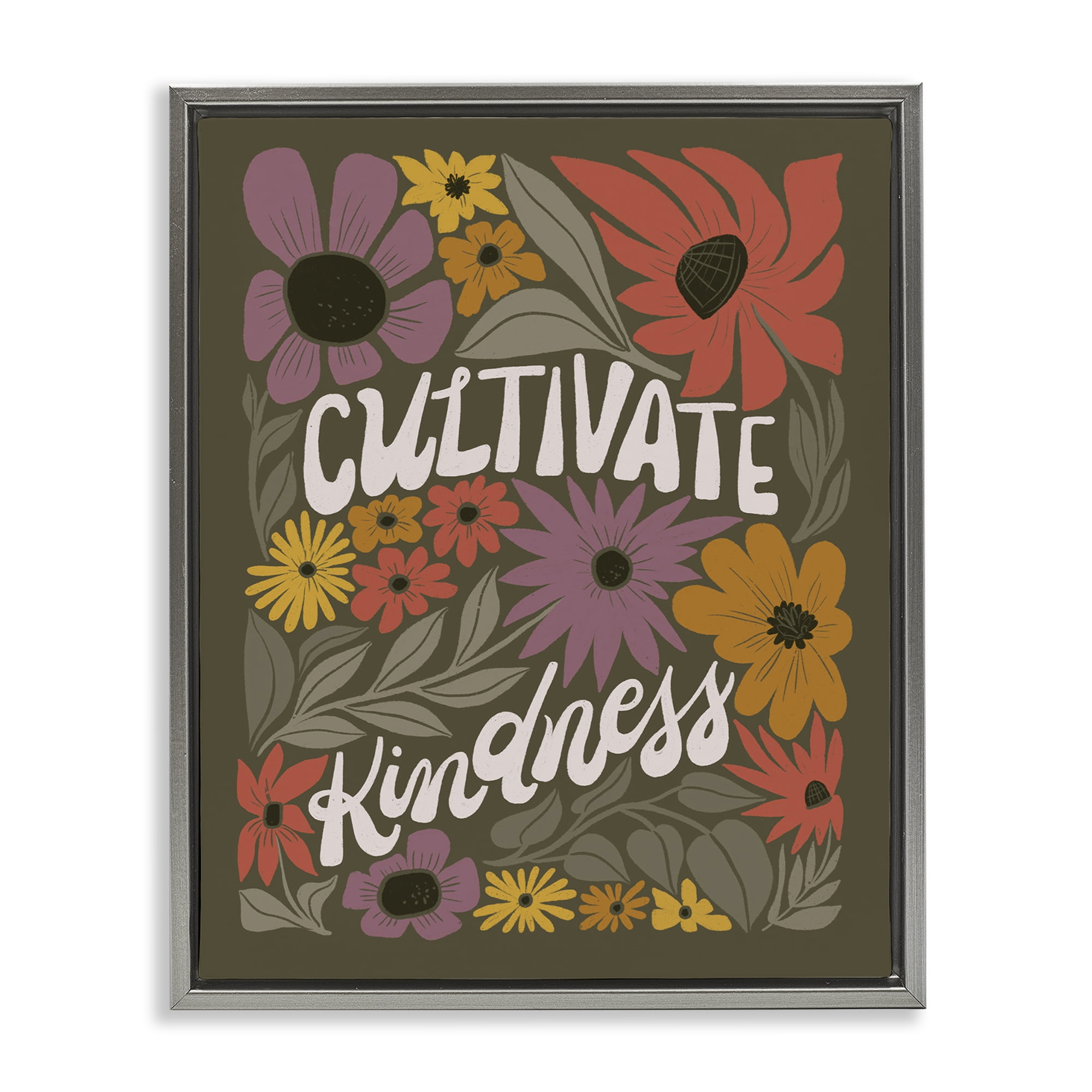 Stupell Industries Groovy Cultivate Kindness Plants & Flowers Painting Gray Floater Framed Canvas Art Print Wall Art, 25 x 31