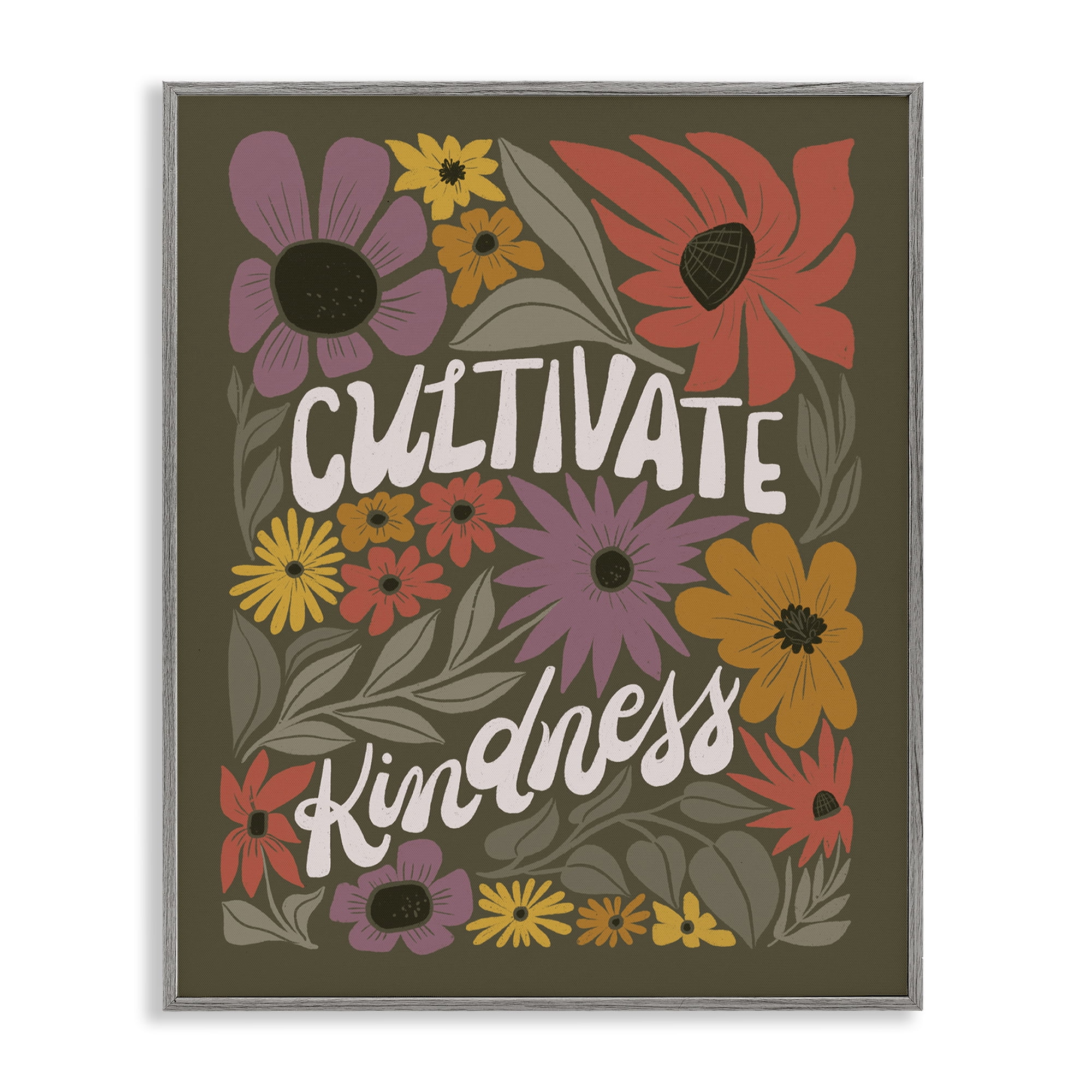 Stupell Industries Groovy Cultivate Kindness Plants & Flowers Painting Gray Framed Art Print Wall Art, 11 x 14