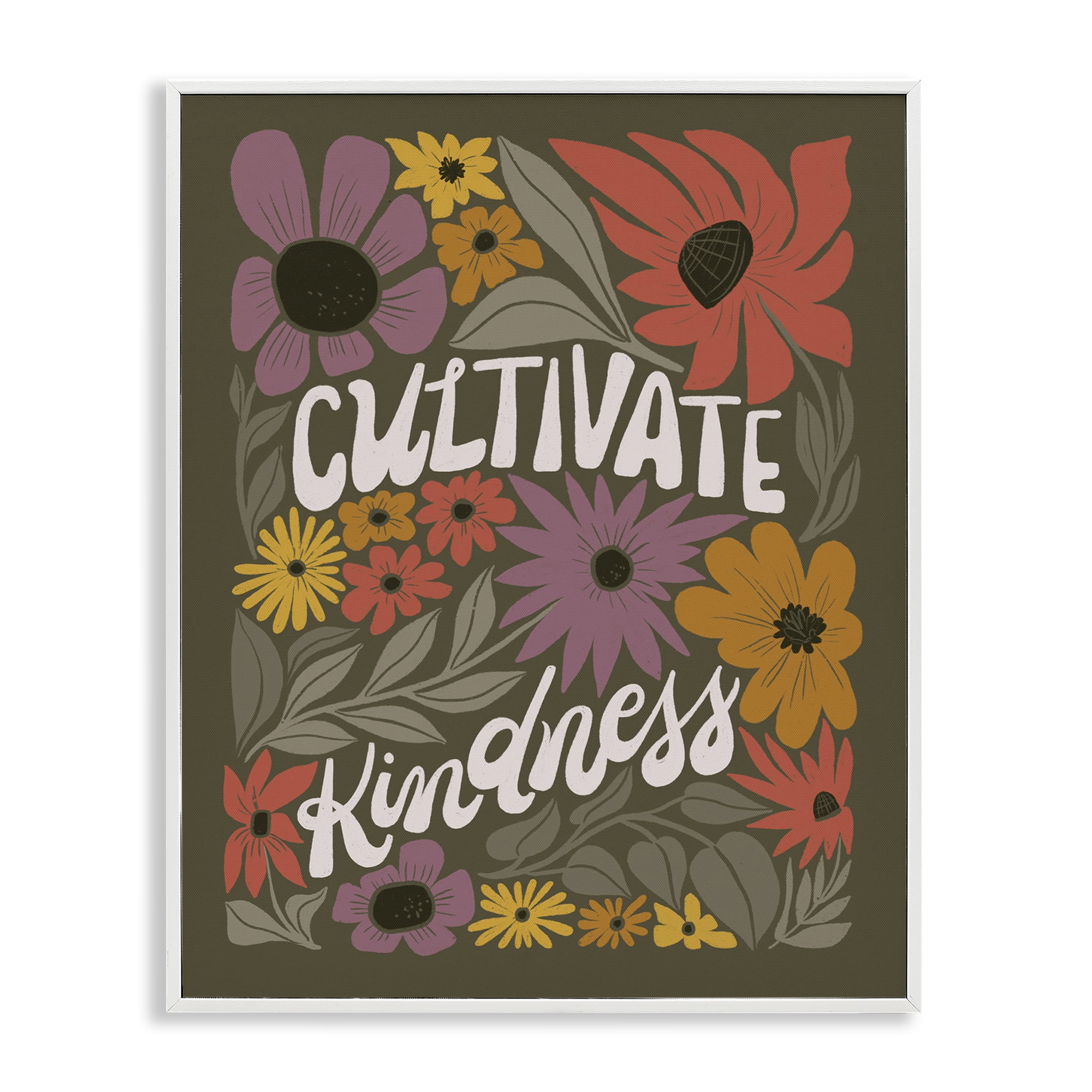 Stupell Industries Groovy Cultivate Kindness Plants & Flowers Painting White Framed Art Print Wall Art, 16 x 20
