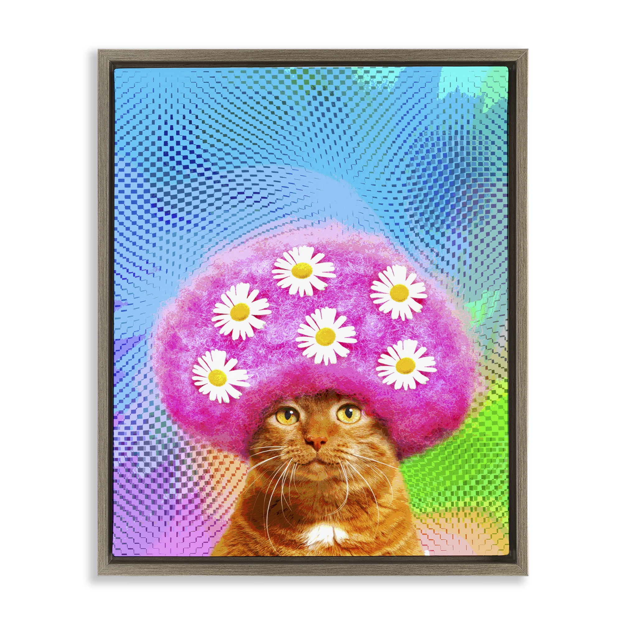 Stupell Industries Groovy Daisy Wig Cat Novelty & Humor Painting Brown Floater Framed Canvas Art Print Wall Art, 17 x 21